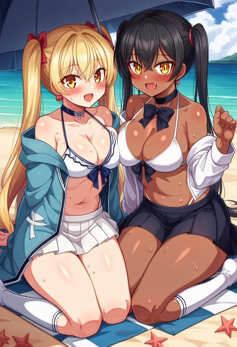 Long Hair、chest、Staring at the audience、blush、smile、Open your mouth、bangultiple Girls、skirt、Blonde Hair、大きなchest、Black Hair、Knee socks、Long sleeve、ribbon、belly button、Two Girls、chestの谷間、Exposing shoulders、Twin tails、jewelry、Sitting、clavicle、Jacket、Swimwear、ヘアribbon、Yellow Eyes、:d、bikini、Thighs、Earrings、Outdoor、Frills、Open clothes、null、choker、Daytime、Dark Skin、ミニskirt、Off the shoulder、stomach、Manicure、Dark Skinの女性、青null、青いskirt、Wet、Kneel、Skin irregularities、Thighsストラップ、umbrella、High leg、黒いchoker、Split seat、Beach、chestを押さえる、Nettai、Front tie top、Frills bikini、ピンクのbikini、マイクロskirt、bikini skirt、Asymmetric docking、Nettai Knee socks、Beach パラソル