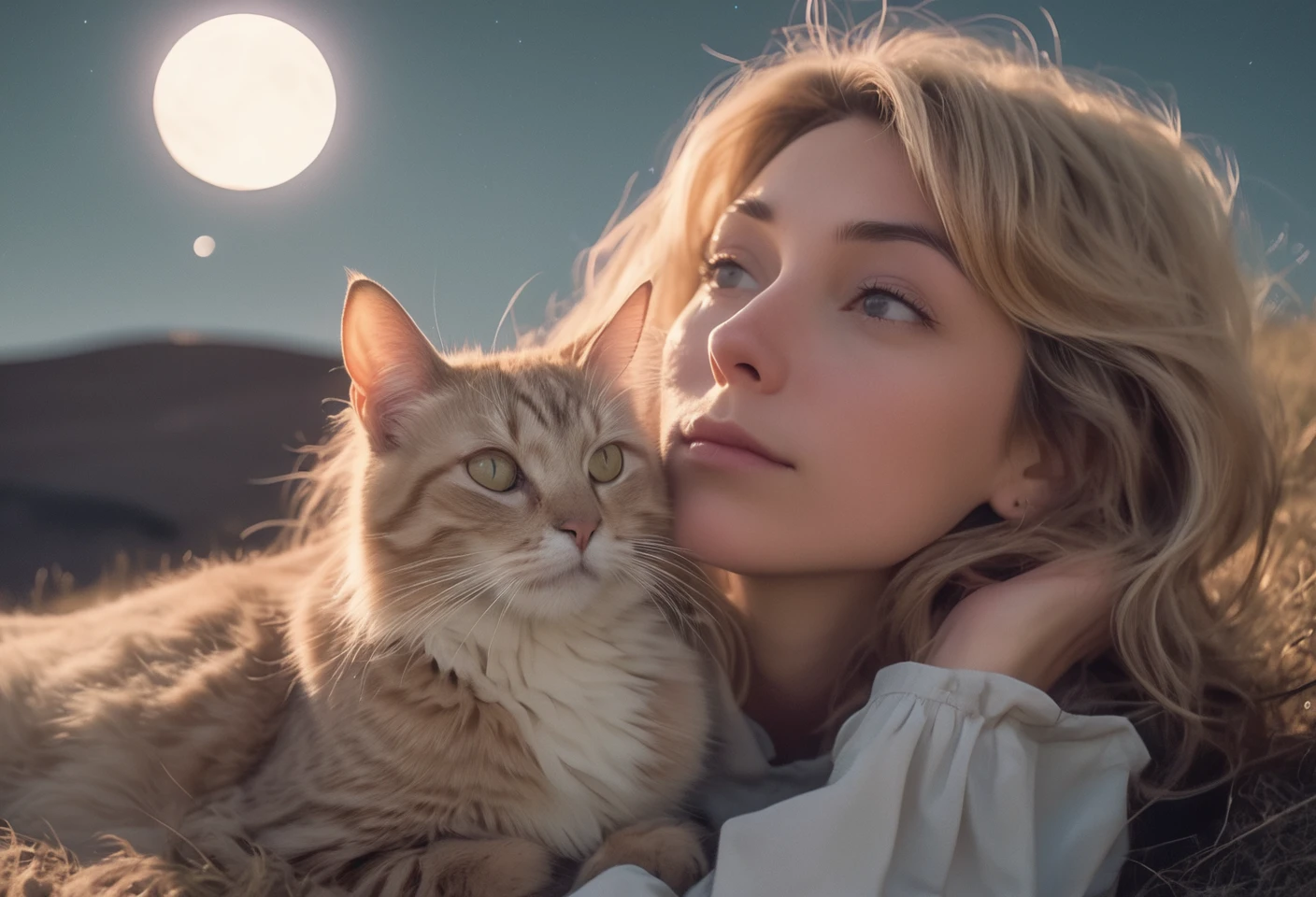 Closeup of a blonde woman stargazer lying on a moonlit hill, contemplating the vastness of the universe. A cat is sitting beside her. Canon 5d Mark 4, Kodak Ektar, 35mm, raw file 