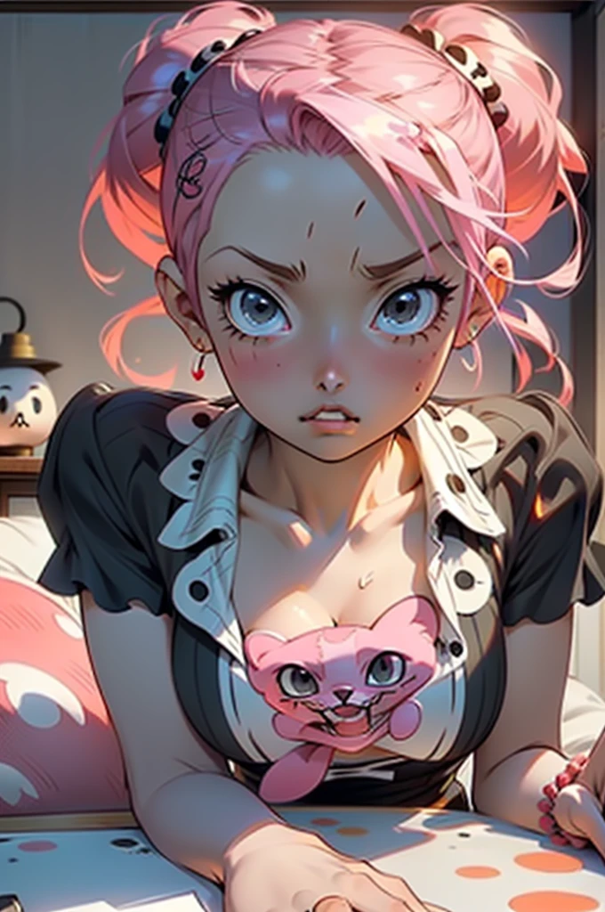 (masterpiece, highly detailed), pretty face:1.2, ((perona /one piece/)), ((black cute ruffles dress)), ((two pink ponytails)), ((cute pose)), ((pout face)), ((pink bedroom))