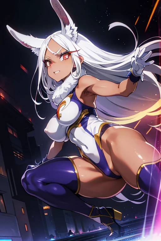 city,Cinematic,flame in background,Burning ruins falling to the bottom of the sky,
final battle,night,Sparks fly,Reflection of the flames,sparkle, light particles,
Rumi Usagiyama, long hair, animal ears, white hair, rabbit ears, dark-skinned female, muscular,
rabbit girl, muscular female, (red eyes:1.5), (parted bangs:1.5), (complete anatomy),
High resolution,Sharp focus,(Super detailed,Very detailed),(Very detailed CG unity 8k wallpaper),(((Vibrant colors))),{best illustration},
Complex eyes,Beautiful Eyes,Symmetrical eyes,Big eyes:1.5,Seductive eyes, (((dark skin,dark_skin,lustrous skin:1.5,bright skin: 1.5,
skin tanned, shiny skin,very shiny skin,Shiny body,plastic glitter, skin,exaggerated shiny skin,illuminated skin))),Perfect Fingers,
(Detailed body),(Detailed face)), cute,Lewd,erotic,Bold,Camel Toe,Revealing clothing,show skin,
(Huge hips:1.1),(Huge breasts, Glamour:1.2),
Arrogant look, Domineering smile, Baring teeth,
thigh highs, gloves, sleeveless, white gloves, leotard, turtleneck, high leg, high leg leotard, fur collar, sleeveless turtleneck,
turtleneck leotard, sleeveless turtleneck leotard, crescent print,
sweat,
(from behind), looking back, Spread your legs, Dynamic Pose,
