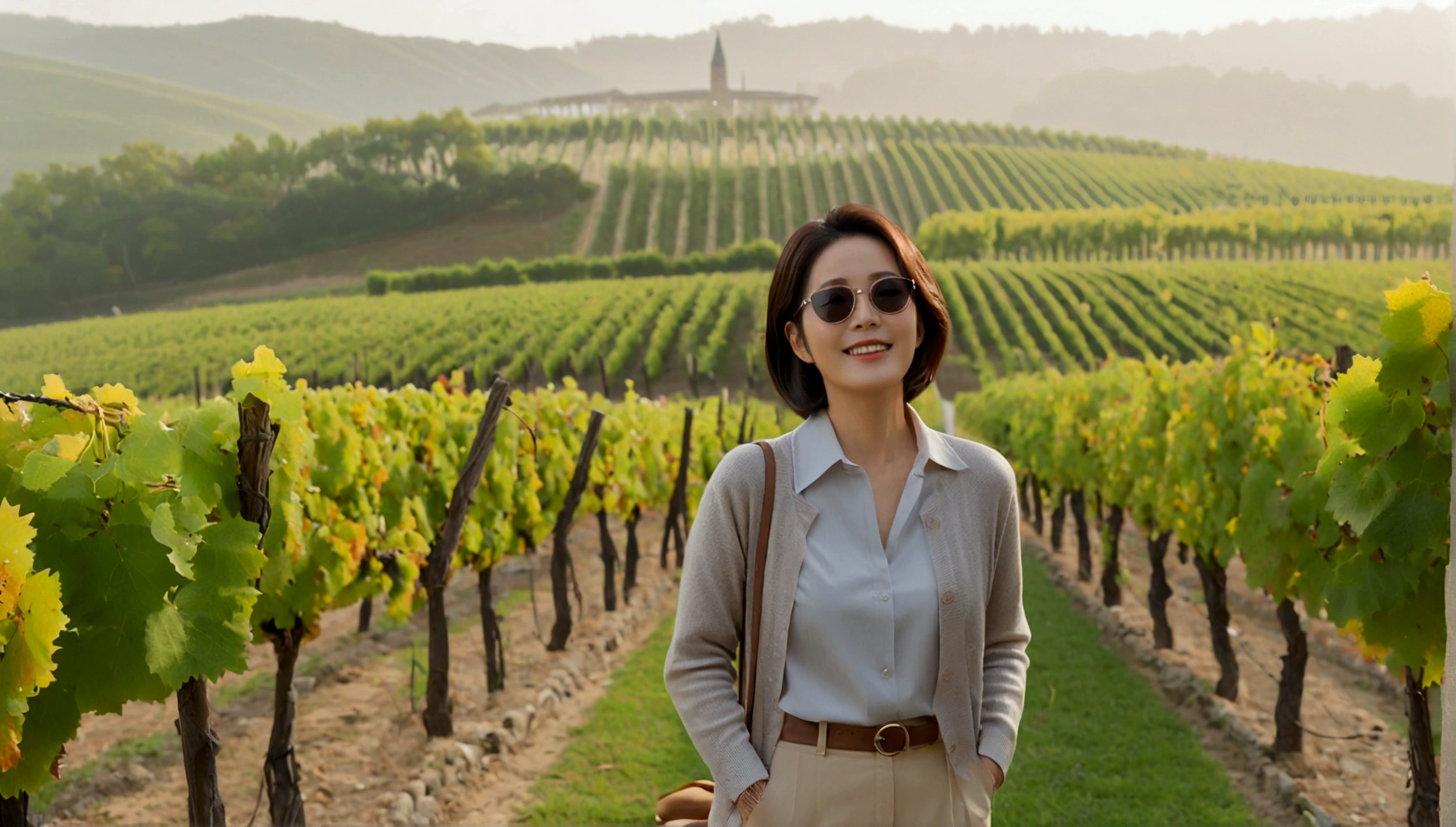 best quality, In 8K, 32K, Photo of a beautiful 36-year-old Korean woman, short medium hair, Inspired by Son Ye-jin, whole body, face focus, Shirt that goes up to the neck and a short cardigan from a luxury brand, beige casual pants, Italian countryside vineyard background, Ranged、make a happy face, 새벽 진한 한개속 The cathedral is visible in the distance, There is thick fog, path, looking up the side, Wear a shirt that covers your chest, The cathedral is visible in the distance, Photo of endless vineyard scenery, look up the side. thick dawn fog, Well-groomed hair, Photo of an elegant and modest woman, Endless vineyards, Vivid picture quality, Clear picture quality, The cathedral is visible in the distance. 언덕 위 path, 1 woman, Horn-rimmed luxury brand sunglasses, 휘어진 path 언덕에 서있다. colonnade