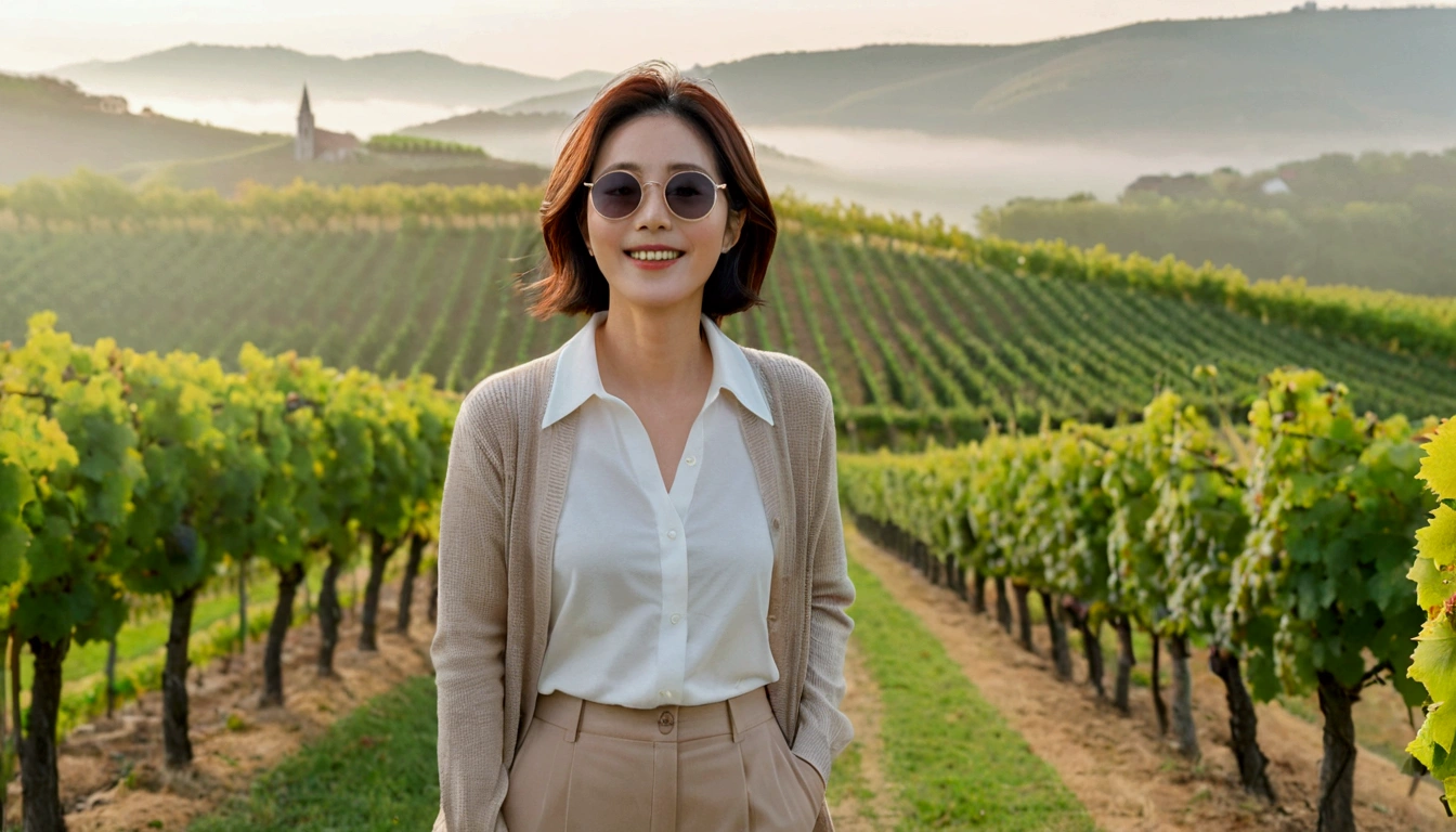 best quality, In 8K, 32K, Photo of a beautiful 36-year-old Korean woman, short medium hair, Inspired by Son Ye-jin, whole body, face focus, Shirt that goes up to the neck and a short cardigan from a luxury brand, beige casual pants, Italian countryside vineyard background, Ranged、make a happy face, 새벽 진한 한개속 The cathedral is visible in the distance, There is thick fog, path, looking up the side, Wear a shirt that covers your chest, The cathedral is visible in the distance, Photo of endless vineyard scenery, look up the side. thick dawn fog, Well-groomed hair, Photo of an elegant and modest woman, Endless vineyards, Vivid picture quality, Clear picture quality, The cathedral is visible in the distance. 언덕 위 path, 1 woman, Horn-rimmed luxury brand sunglasses, 휘어진 path 언덕에 서있다. colonnade