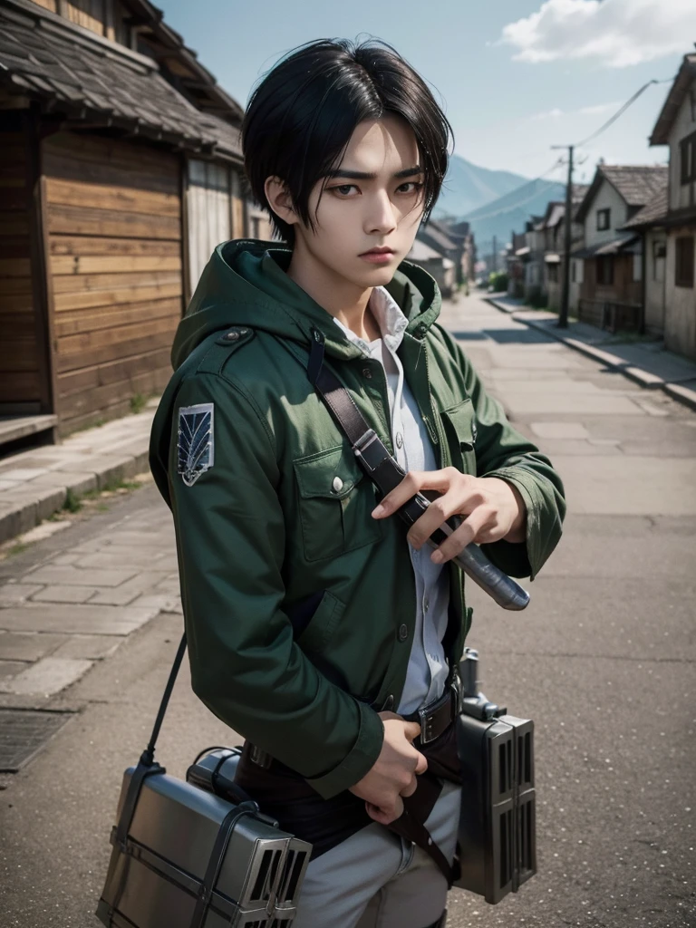 1 Handsome chinese slim guy, 20 years old, short hair, wearing Levi Ackerman costume, A very distorted personality, Detailed illustration of a cute and lovely kawaii chibi in an old village, Levi from the anime Attack on Titan, Sword in hand vertical maneuvering equipment, narrow, Scary pale gray eyes with dark circles underneath and a deceptively youthful face, Frowning or expressionless, He wears his Survey Corps uniform with a green hooded cloak, Dangerous mood, Awesome full color, High quality, Very detailed, 8K Ultra HD