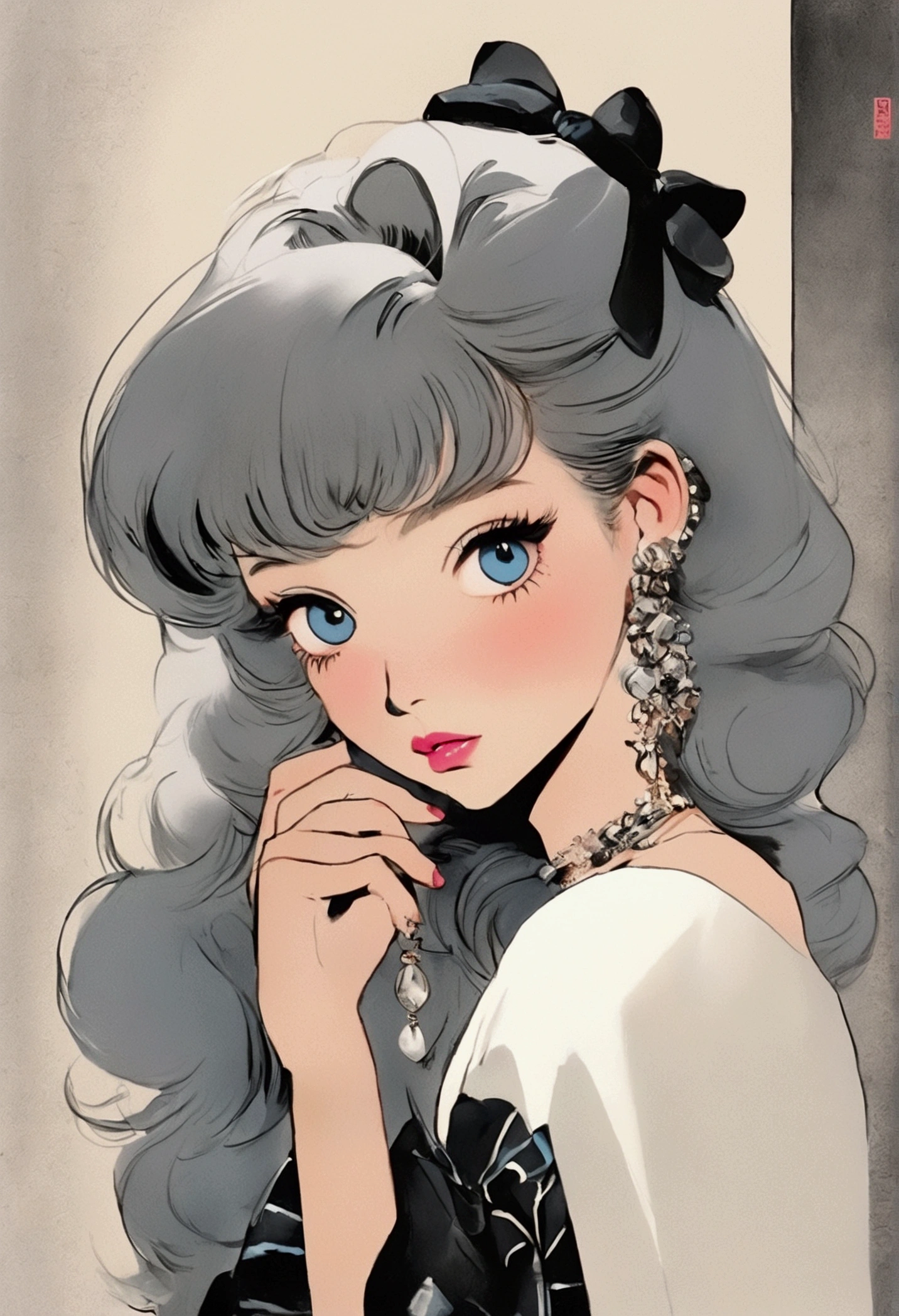 A retro girl（Lovely:1.3 points）,（Eighties:1.4 points）,（Retro Hong Kong style:1.3 points），Vintage pictorial，Showa manga，1990s animation style，Vintage jewelry，Black long hair，earrings，necklace，blue eyes，bow，Break，clavicle，Pink lips，Off-shoulder tops，黑色necklace，Bangs，Simple background，（Gray tone：1.2）