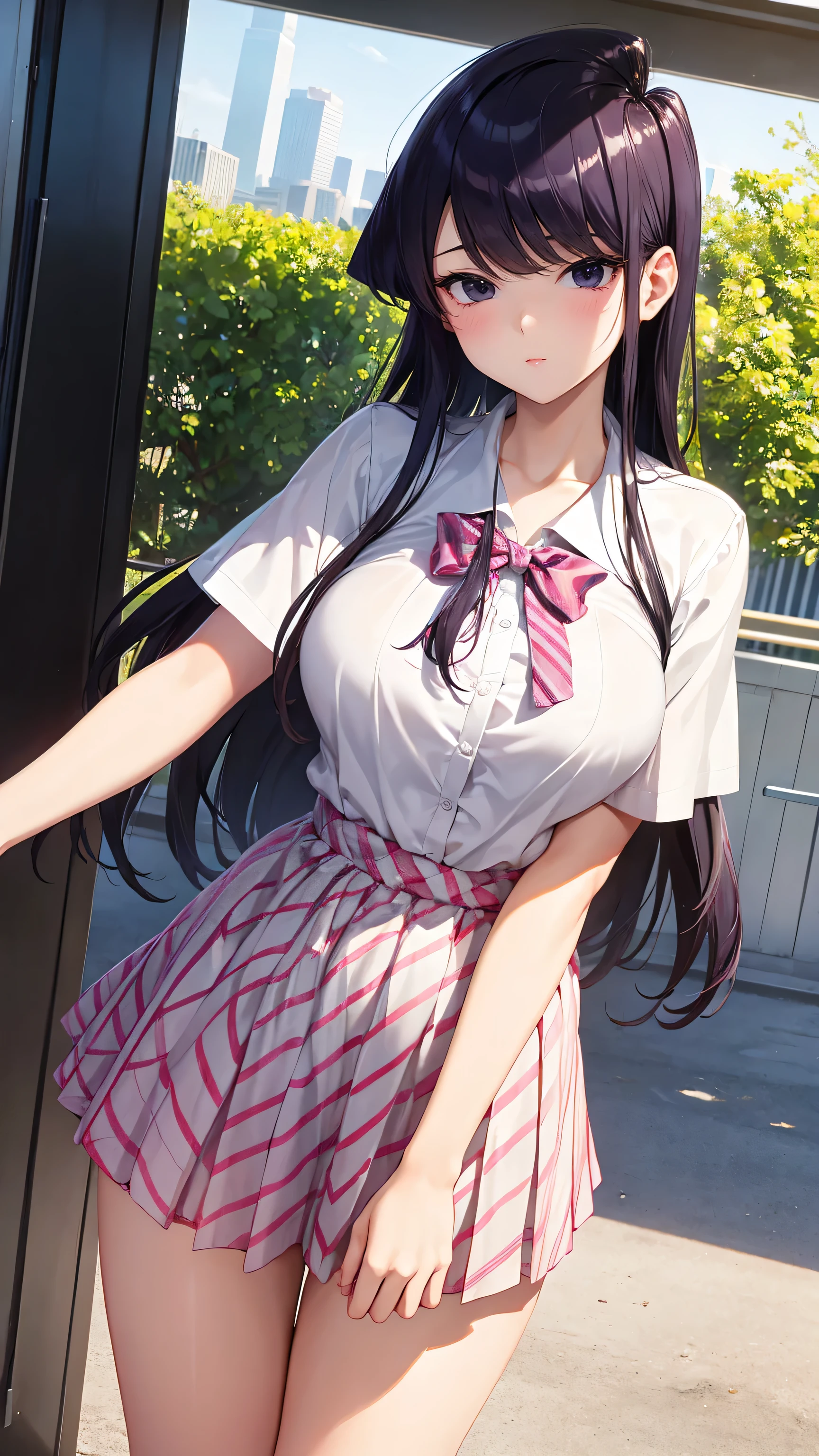 score_9, score_8_above, score_7_above, score_6_above, score_5_above, score_4_above, BREAK,fountain_cheered up, BREAK 1 girl, komi shouko, inside shirt, tent shirt, White shirt, 1 girl, by the wide, purple hair, Pleated mini skirt, huge breasts, city, cowboy shot, looking at the viewer, cheered up coloring, cheered up screencap, megami magazine