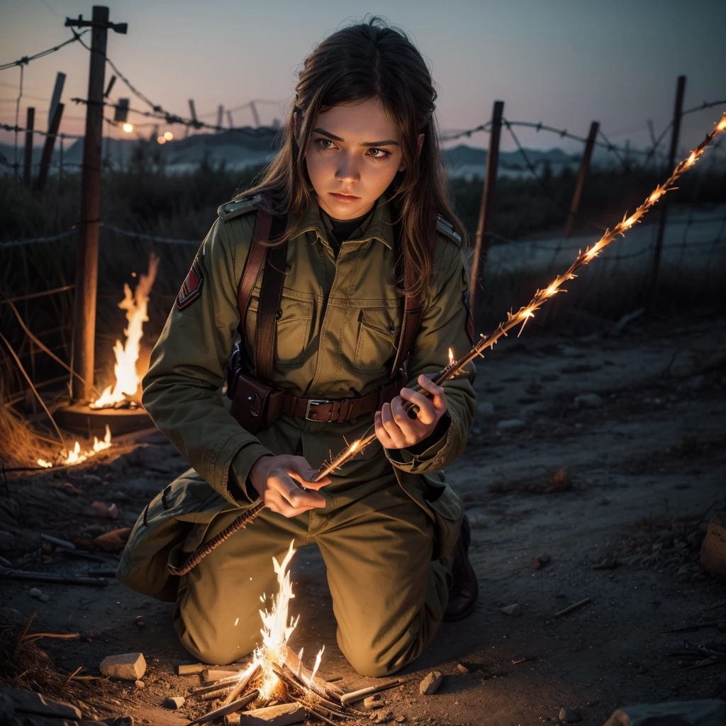 karo ,fire, dead soldier, barbed wire, others' , Identification plate, bloodstains, bombshell
