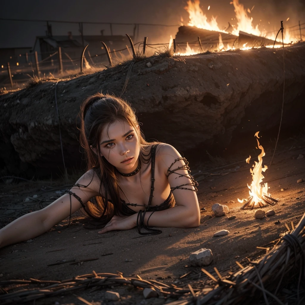 karo ,fire, dead soldier, barbed wire, others' , Identification plate, bloodstains, bombshell