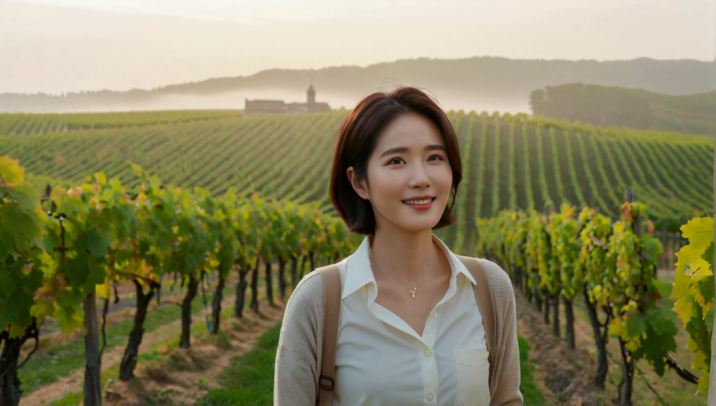 best quality, In 8K, 32K, Photo of a beautiful 36-year-old Korean woman, short medium hair, Inspired by Son Ye-jin, whole body, face focus, Shirt that goes up to the neck and a short cardigan from a luxury brand, beige casual pants, Italian countryside vineyard background, Ranged、make a happy face, 새벽 진한 한개속 The cathedral is visible in the distance, There is thick fog, path, looking up the side, Wear a shirt that covers your chest, The cathedral is visible in the distance, Photo of endless vineyard scenery, look up the side. thick dawn fog, Well-groomed hair, Photo of an elegant and modest woman, Endless vineyards, Vivid picture quality, Clear picture quality, The cathedral is visible in the distance. 언덕 위 path, shirt that covers the chest, 휘어진 path에 서있다.