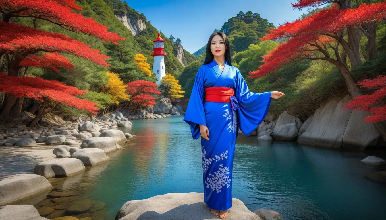 hdr, best image, 8k, photo 2;1, of A "Chinese" woman wearing blue kimono, long black hair, gigantic, colorful trees, a red and white lighthouse, clear bluish river.