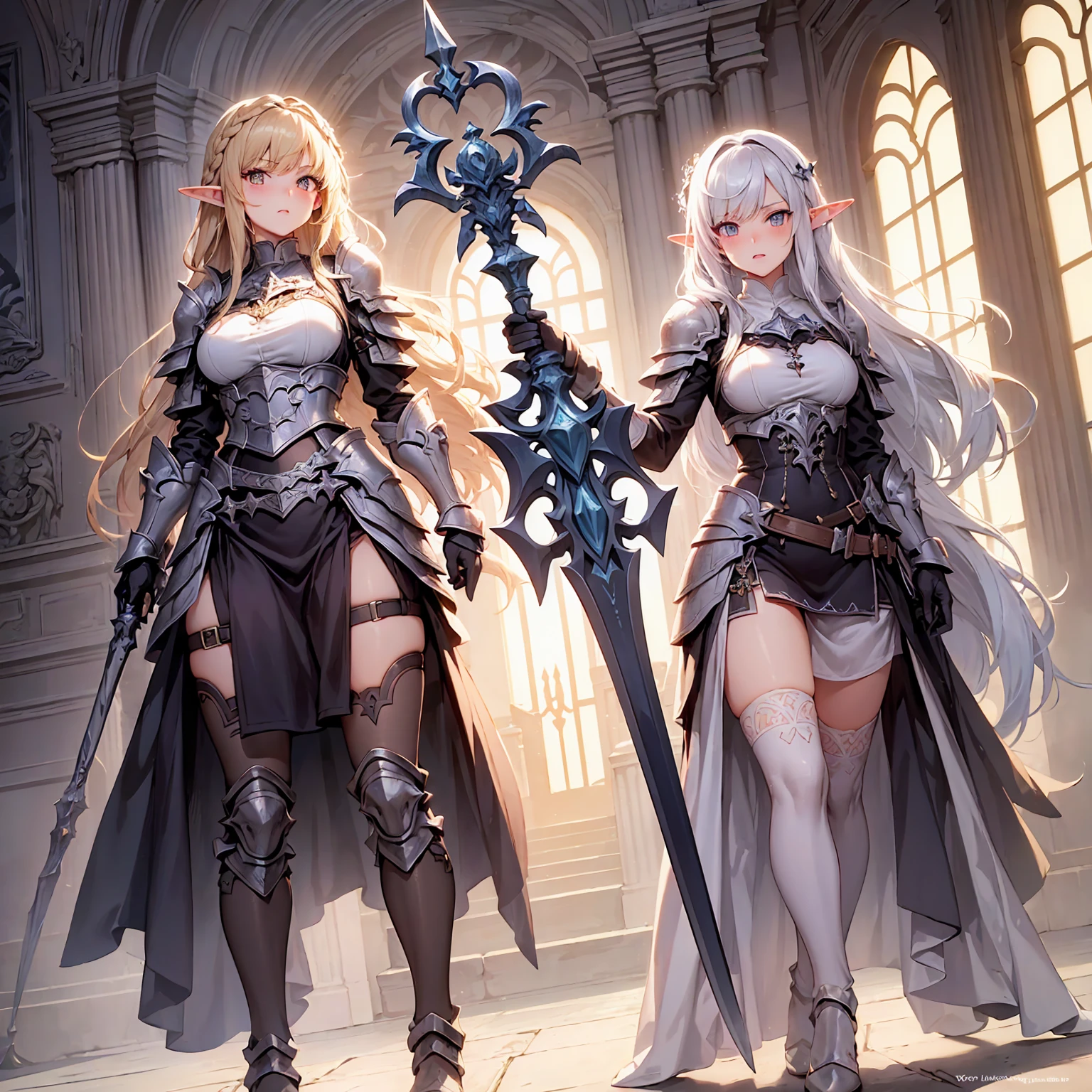 (((masterpiece, best quality, high detailed, 4k))) Design a layout showcase Gaming character, (1girl). Purple|Black clothes, stylish and unique. ((showcase weapon:1.4)), holy majestic spear. (luminous lighting, atmospheric lighting). arcane elf, ((glove full hands)), revealing clothes, vambraces, armored legwear, full body shot. {In a mystical library}. (zentangle, mandala, fractal art:1.3), maxiskirt, dress conservatively, (elf:1.2), solo, full body, wide shot, standing with white boots, holding spear down, blunt bangs, hair between eyes, white hair, golden eyes, long hair, elf ears, Valkyrie white armor, angel, chest protector, side bang, looking at viewer, dynamic pose, art style by Artgerm, by Kawacy, by Wadim Kashin, BREAK, eyelashes, eyeshadow, pink eyeshadow.