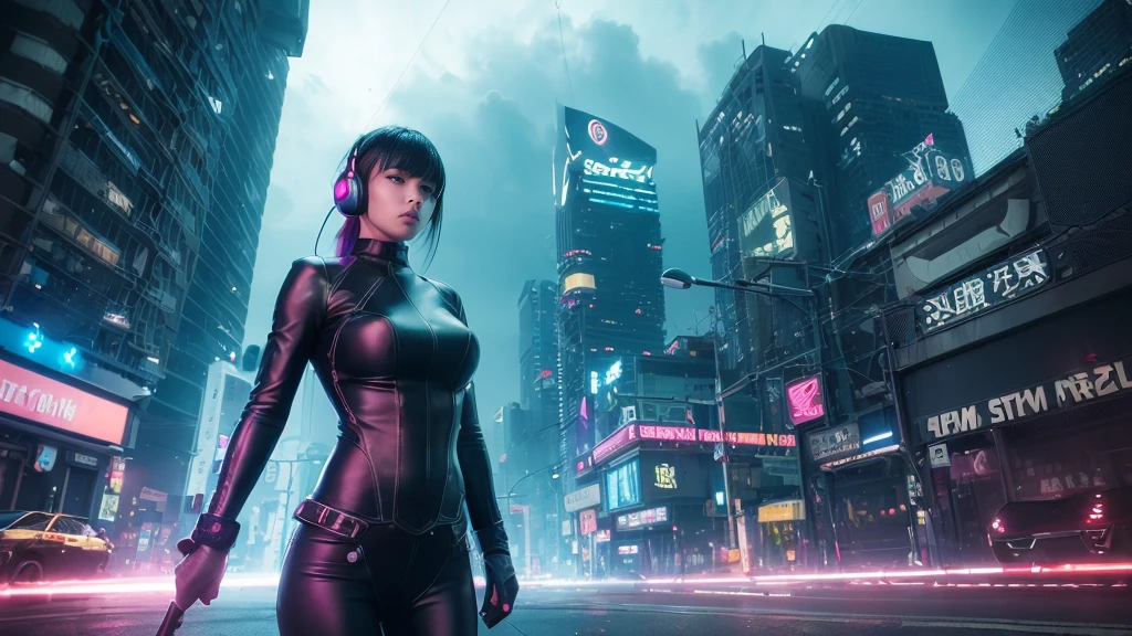 realistic, dark and mysterious atmosphere, futuristic cyberpunk, vibrant colors, electrifying sparks, glowing neon signs, rain-soaked streets, towering skyscrapers, futuristic technology, intense and dynamic pose, lightning bolts, high-voltage energy, intense expression, stormy clouds. at night. 1girl, solo, alone, large-breast:1.2 slim body, cleavage:1.1, sexy wind blowing wet dress:1.4, (headphone, black sunglasses), (((((she raised:1.8 a pistol:1.8 and took aim at viewer))))), dynamic pose, (((half-body thigh level medium shot))), cinematic lighting, lens flare, ray tracing.