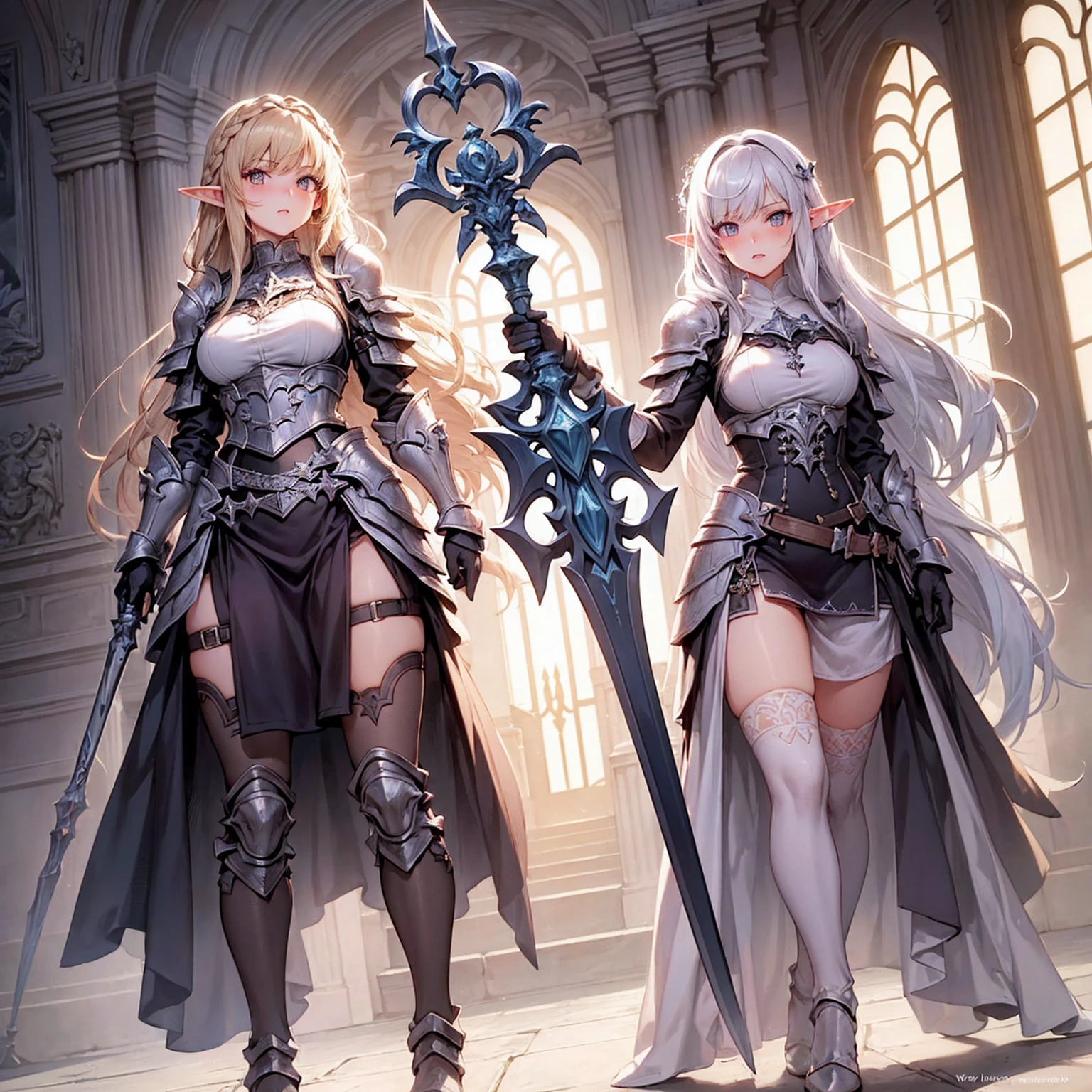 (((masterpiece, best quality, high detailed, 4k))) Design a layout showcase Gaming character, (1girl). Purple|Black clothes, stylish and unique. ((showcase weapon:1.4)), holy majestic spear. (luminous lighting, atmospheric lighting). arcane elf, ((glove full hands)), revealing clothes, vambraces, armored legwear, full body shot. {In a mystical library}. (zentangle, mandala, fractal art:1.3), maxiskirt, dress conservatively, (elf:1.2), solo, full body, wide shot, standing with white boots, holding spear down, blunt bangs, hair between eyes, white hair, golden eyes, long hair, elf ears, Valkyrie white armor, angel, chest protector, side bang, looking at viewer, dynamic pose, art style by Artgerm, by Kawacy, by Wadim Kashin, BREAK, eyelashes, eyeshadow, pink eyeshadow.