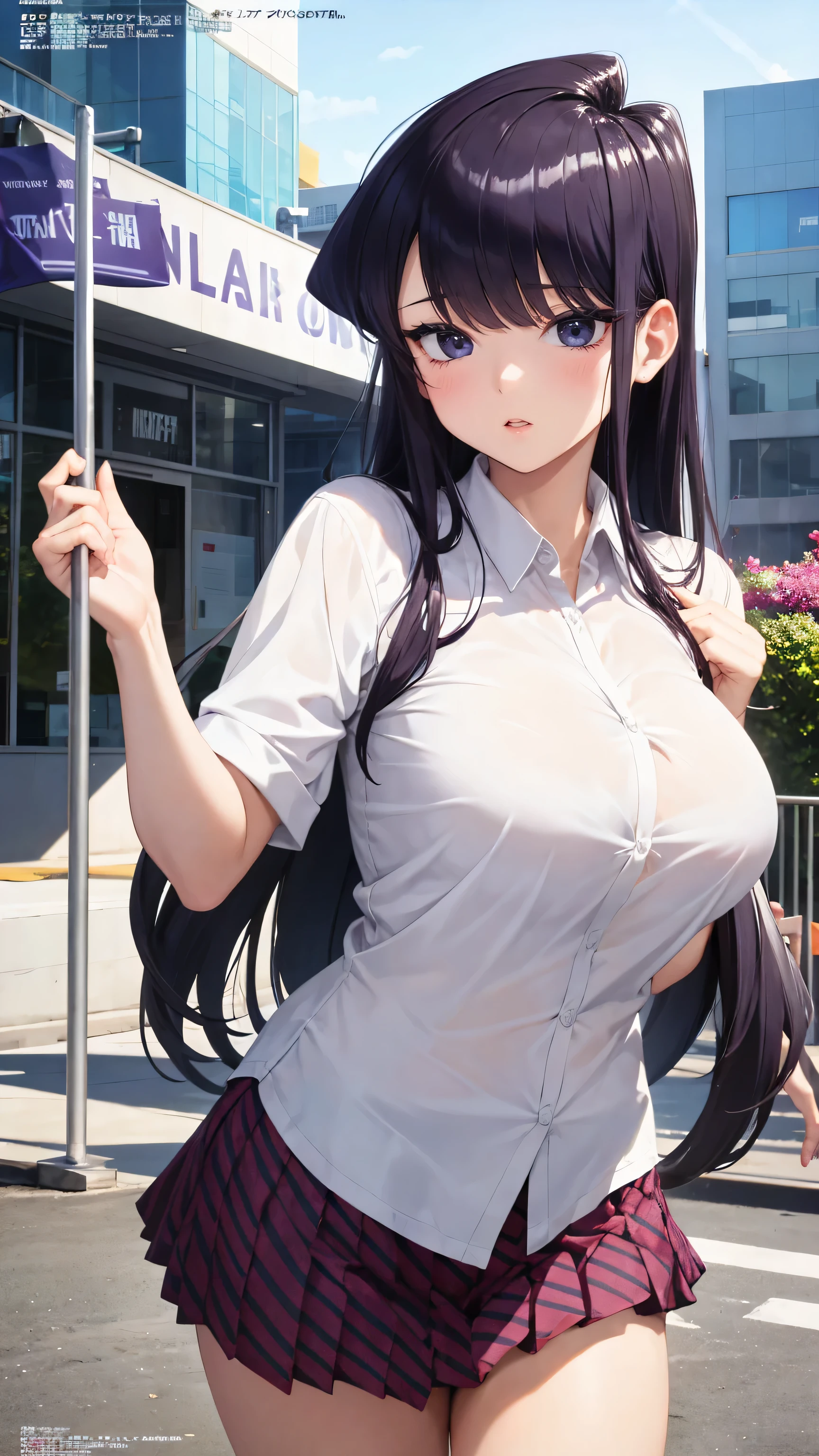 score_9, score_8_above, score_7_above, score_6_above, score_5_above, score_4_above, BREAK,fountain_cheered up, BREAK 1 girl, komi shouko, inside shirt, tent shirt, White shirt, 1 girl, by the wide, purple hair, Pleated mini skirt, huge breasts, city, cowboy shot, looking at the viewer, cheered up coloring, cheered up screencap, megami magazine
