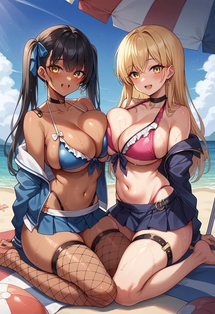 long hair, breasts, looking at viewer, blush, smile, open mouth, bangs, multiple girls, skirt, blonde hair, large breasts, black hair, thighhighs, long sleeves, ribbon, navel, 2girls, cleavage, bare shoulders, twintails, jewelry, sitting, collarbone, jacket, swimsuit, hair ribbon, yellow eyes, :d, bikini, thighs, earrings, outdoors, frills, open clothes, sky, choker, day, dark skin, miniskirt, off shoulder, stomach, nail polish, dark-skinned female, blue sky, blue skirt, wet, kneeling, skindentation, thigh strap, umbrella, highleg, black choker, wariza, beach, breast press, fishnets, front-tie top, frilled bikini, pink bikini, microskirt, bikini skirt, asymmetrical docking, fishnet thighhighs, beach umbrella