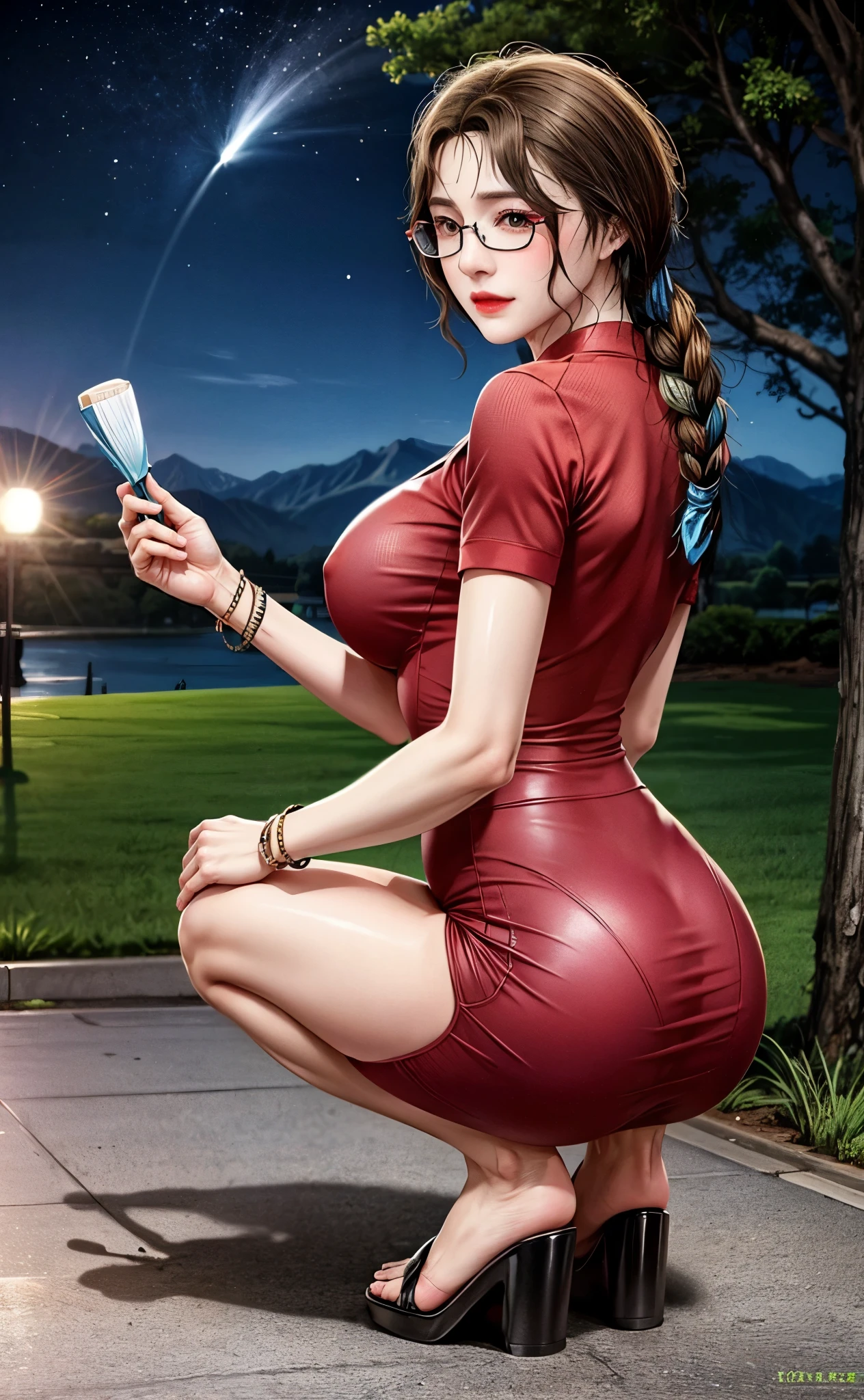 Professional, High level of detail, close up photo (attractive mature 45yo woman:1.3),ray tracing, natural lighting, (blushing:1.1 ), (classy, elegant, dandy)1.2, perfect face, (red dress, pencil skirt)  (((glasses, covered))),loose hair,  medium breast, cleveage, Slim Face,(mature) , Pretty Lady,  smile eyes, see full image, bracelet,  tattoo, sakura tree, japan, night scene, squatting, open legs beside tree, glasses, view from behind