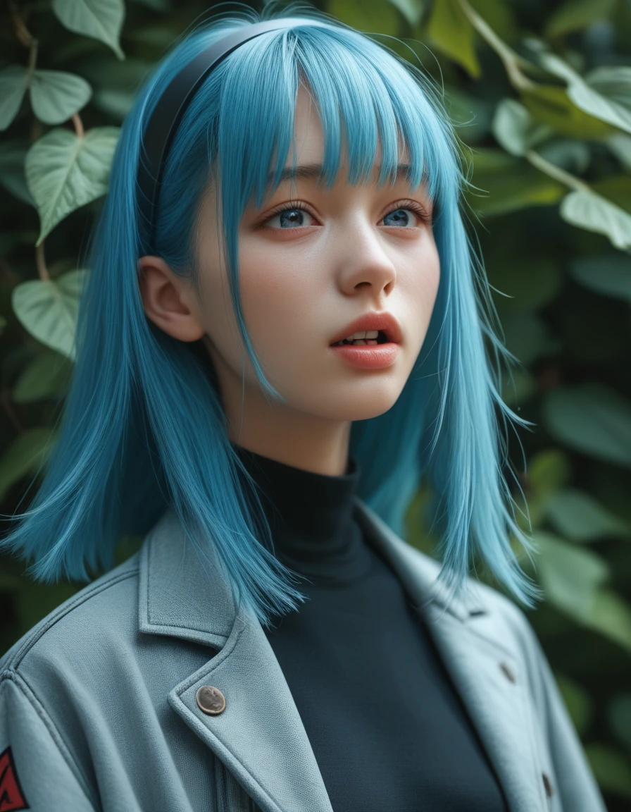 Digital artwork featuring a young woman Hinata with long, flowing dark blue hair and fair skin. She has large, expressive lavender eyes and a slightly open mouth, giving her a thoughtful expression. She is wearing a light grey jacket over a black mesh top, and a metal headband with a spiral symbol on it. The background is a soft blend of blue and white, with green leaves floating around her. The artist's signature is present in the bottom left corner, in a blue font: 'ART(C)SAKIMICHAN.DEVIANTART. anime, anatomically correct, super detailed, high quality, 4K, high details, super detailed, 4k