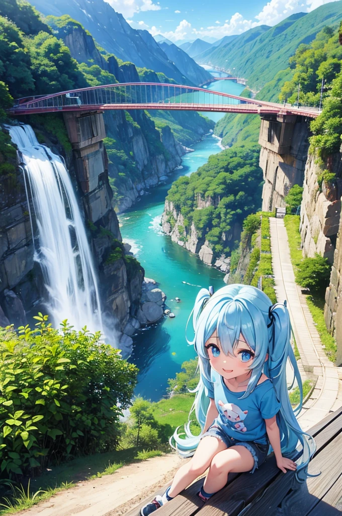 Light blue long hair、Twin-tailed Chibi Character、Bright smile、T-shirt and denim shorts、Crossing a suspension bridge over a valley、From the top of the suspension bridge、Looking fearfully into the valley