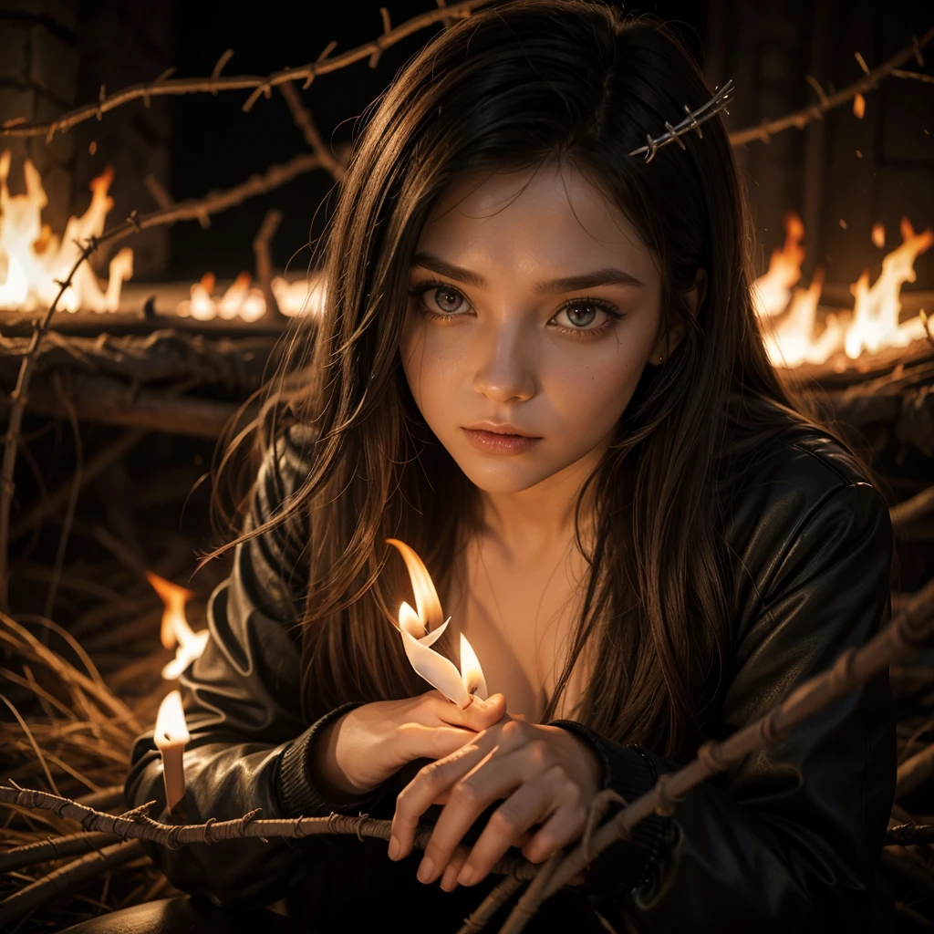 karo ,fire, demoness, barbed wire, others' , Identification plate, bloodstains, bombshell