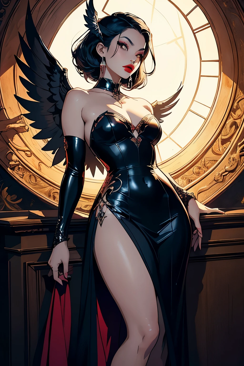 (Masterpiece), High Quality, 1woman, Vampira, Asian woman, black hair, winged eyeliner, satin dress, James Jean style, comic book art, full body portrait, (Shiny skin), (8K Wallpaper, High resolution), Detailed Anatomy, Comic book lighting, Inked shading, Highly detailed faces, Expressive eyes with intricate details, (Winged eyeliner accentuating the eyes), Sculpted cheekbones, Red lips, Winged collar on the dress, Intricate details on the dress, (Depth of field), (Dynamic lighting), (High quality shadows), (Satin material highlighting her curves), (High