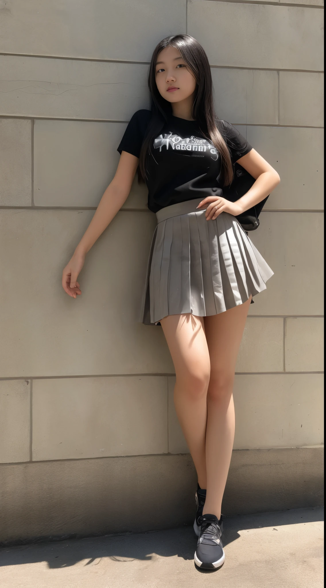 , tiny pleated skirt, leaning against the wall with legs open, ray tracing, HDR