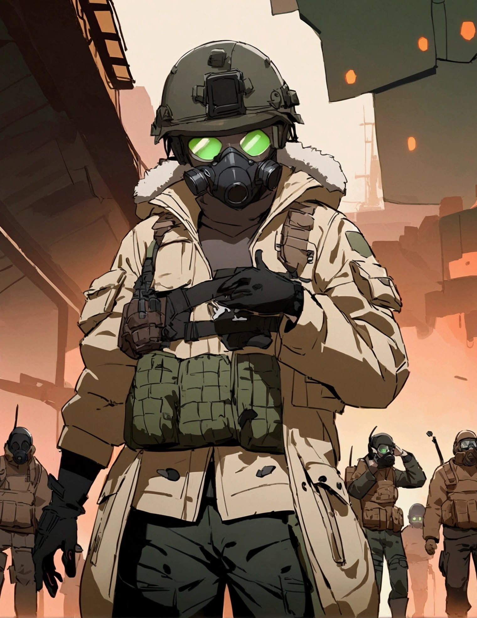 Patched padded cargo pants, beige parka, Shearing lined parka. Turtleneck combat shirt, full head and face tactical helmet, black helmet, webbing rig. Shoulder, wrists, and chest armor. face always hidden, bionic arm. Soldier, Sci-fi, green lenses, m50 gas-mask, green mask lenses. Post apocalyptic background, Black gloves, open parka, beige parka, black shit, black shirt parka, black mask. Black pants, smooth, long maroon hair, High quality. Soft and smooth style, rectangular lenses