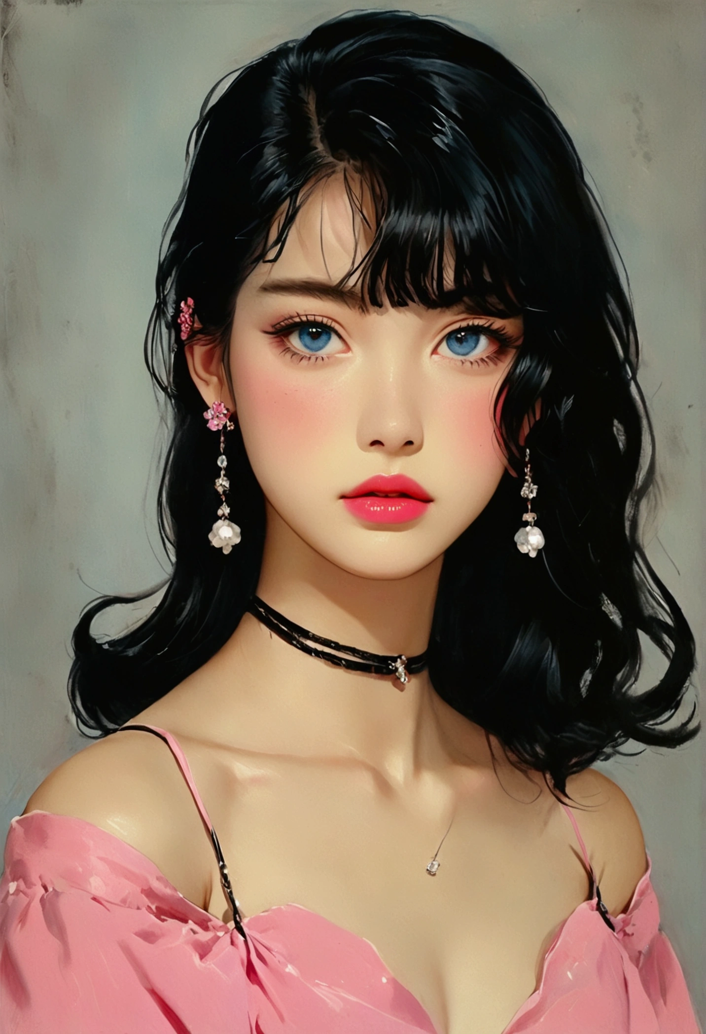 A retro girl(Lovely:1.3 points),(Eighties:1.4 points),(Retro Hong Kong style:1.3 points),Vintage pictorial,Showa manga,1990s animation style,Vintage jewelry,Black long hair,earrings,necklace,blue eyes,bow,Break,clavicle,Pink lips,Off-shoulder tops,黑色necklace,Bangs,Simple background,(Gray tone:1.2)