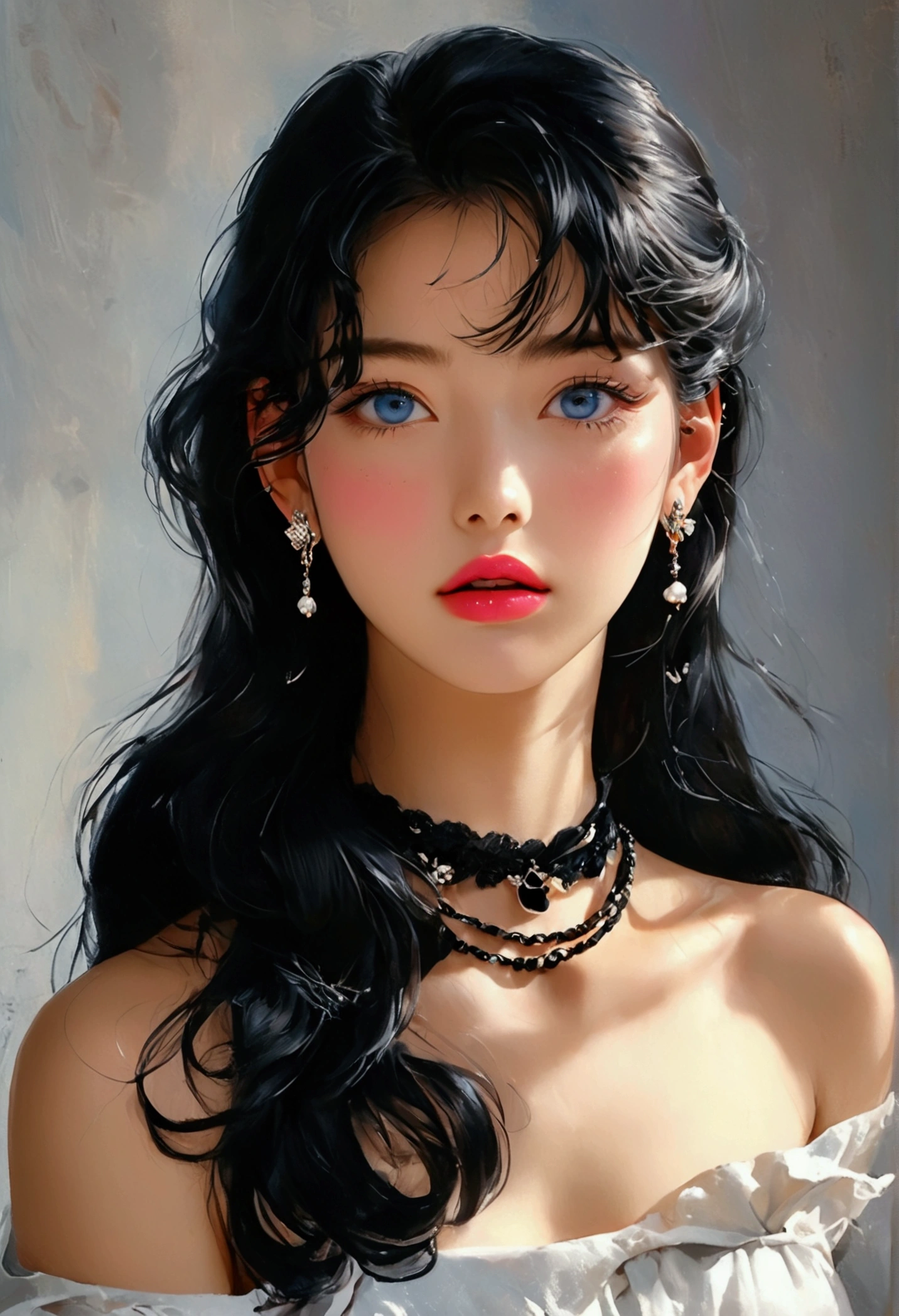 A retro girl(Lovely:1.3 points),(Eighties:1.4 points),(Retro Hong Kong style:1.3 points),Vintage pictorial,Showa manga,1990s animation style,Vintage jewelry,Black long hair,earrings,necklace,blue eyes,bow,Break,clavicle,Pink lips,Off-shoulder tops,黑色necklace,Bangs,Simple background,(Gray tone:1.2)