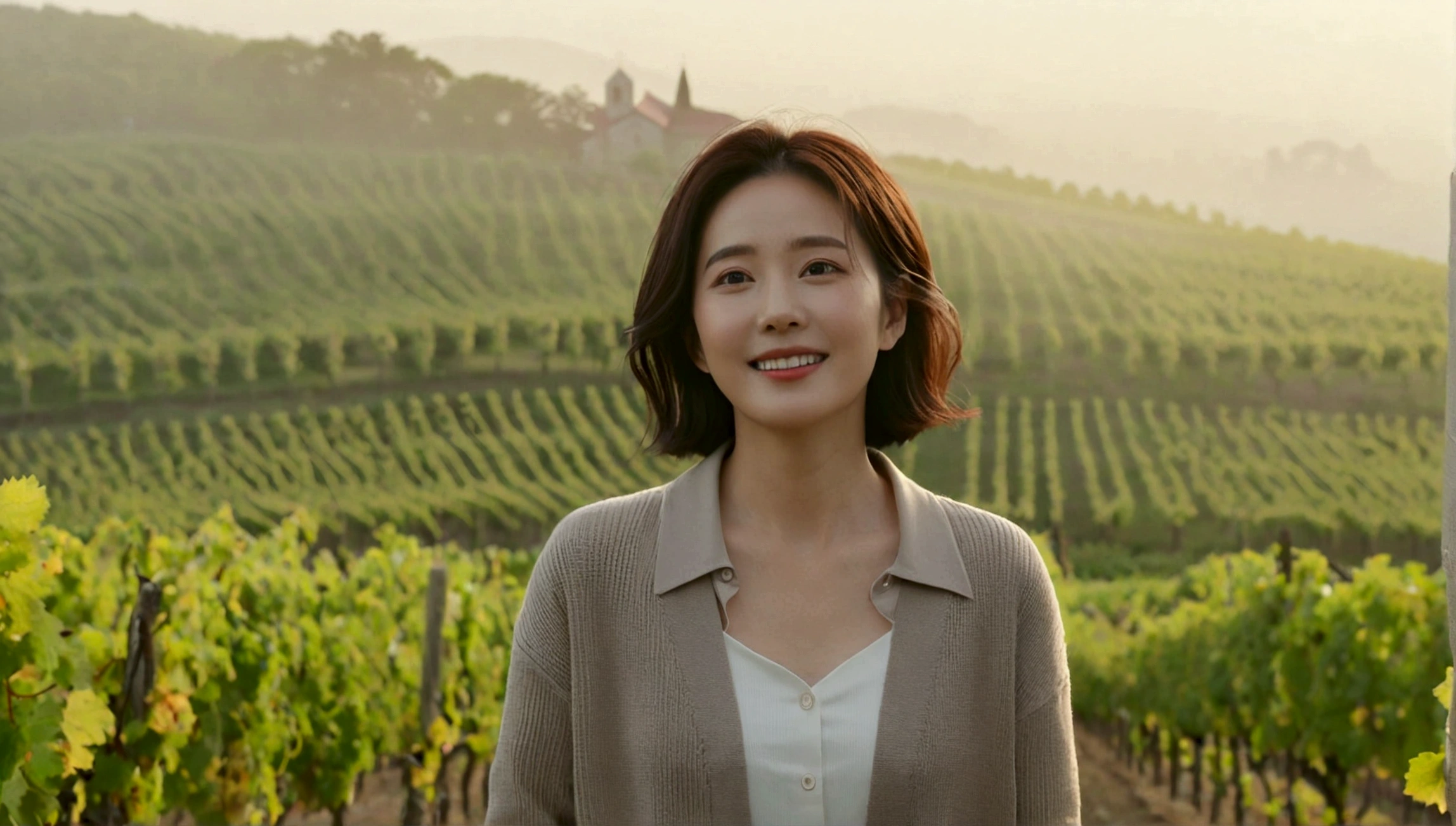 best quality, In 8K, 32K, Photo of a beautiful 36-year-old Korean woman, short medium hair, Inspired by Son Ye-jin, whole body, face focus, Shirt that goes up to the neck and a short cardigan from a luxury brand, beige casual pants, Italian countryside vineyard background, Ranged、make a happy face, 새벽 진한 한개속 The cathedral is visible in the distance, There is thick fog, path, looking up the side, Wear a shirt that covers your chest, The cathedral is visible in the distance, Photo of endless vineyard scenery, look up the side. thick dawn fog, Well-groomed hair, Photo of an elegant and modest woman, Endless vineyards, Vivid picture quality, Clear picture quality, The cathedral is visible in the distance. 언덕 위 path, 1 woman, colonnade가 있는 휘어진 path 언덕에 서있다. colonnade