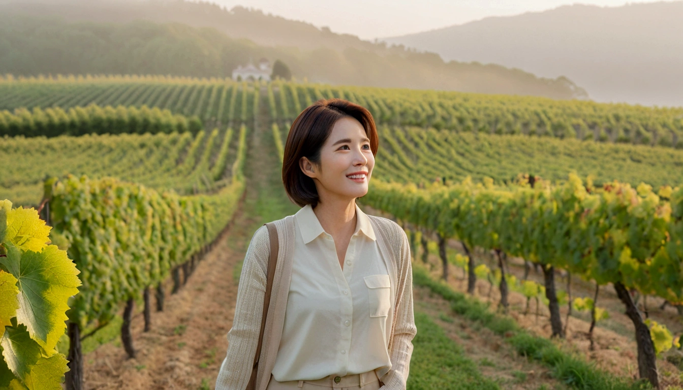 best quality, In 8K, 32K, Photo of a beautiful 36-year-old Korean woman, short medium hair, Inspired by Son Ye-jin, whole body, face focus, Shirt that goes up to the neck and a short cardigan from a luxury brand, beige casual pants, Italian countryside vineyard background, Ranged、make a happy face, 새벽 진한 한개속 The cathedral is visible in the distance, There is thick fog, path, looking up the side, Wear a shirt that covers your chest, The cathedral is visible in the distance, Photo of endless vineyard scenery, look up the side. thick dawn fog, Well-groomed hair, Photo of an elegant and modest woman, Endless vineyards, Vivid picture quality, Clear picture quality, The cathedral is visible in the distance. 언덕 위 path, 1 woman, colonnade가 있는 휘어진 path 언덕에 서있다. colonnade
