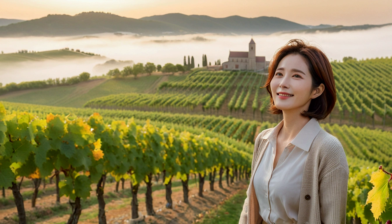 best quality, In 8K, 32K, Photo of a beautiful 36-year-old Korean woman, short medium hair, Inspired by Son Ye-jin, whole body, face focus, Shirt that goes up to the neck and a short cardigan from a luxury brand, beige casual pants, Italian countryside vineyard background, Ranged、make a happy face, 새벽 진한 한개속 The cathedral is visible in the distance, There is thick fog, path, looking up the side, Wear a shirt that covers your chest, The cathedral is visible in the distance, Photo of endless vineyard scenery, look up the side. thick dawn fog, Well-groomed hair, Photo of an elegant and modest woman, Endless vineyards, Vivid picture quality, Clear picture quality, The cathedral is visible in the distance. 언덕 위 path, 1 woman, colonnade가 있는 휘어진 path 언덕에 서있다. colonnade