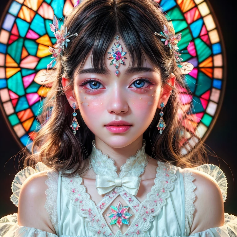 SFW, concept art, Tiny junior idol, Delicate lace knitted white clothes, (nipple:-0.9), face closeup, (Dazzling stained glass Background), (((Renbutsu Misako), colorful Light shines through delicate stained glass:1.2, vivid red colors, lense Particle, lens flare, light Particle, Dazzling Halo, Acutance:0.8)). (masterpiece:1.2),(ultra-detailed:1.37),(realistic,photorealistic,photo-realistic:1.37), (Extremely detailed KAWAII face variations, innocent expression variations), rosy cheeks, intricate detailed eyes with sparkling highlights, long eyelashes with volume, subtle blush on the face. Mystic sight, haze, impeccable skin texture, captivating gaze, ((Dynamic-angle, physically-based rendering)), whole Body proportions and all limbs are anatomically accurate .