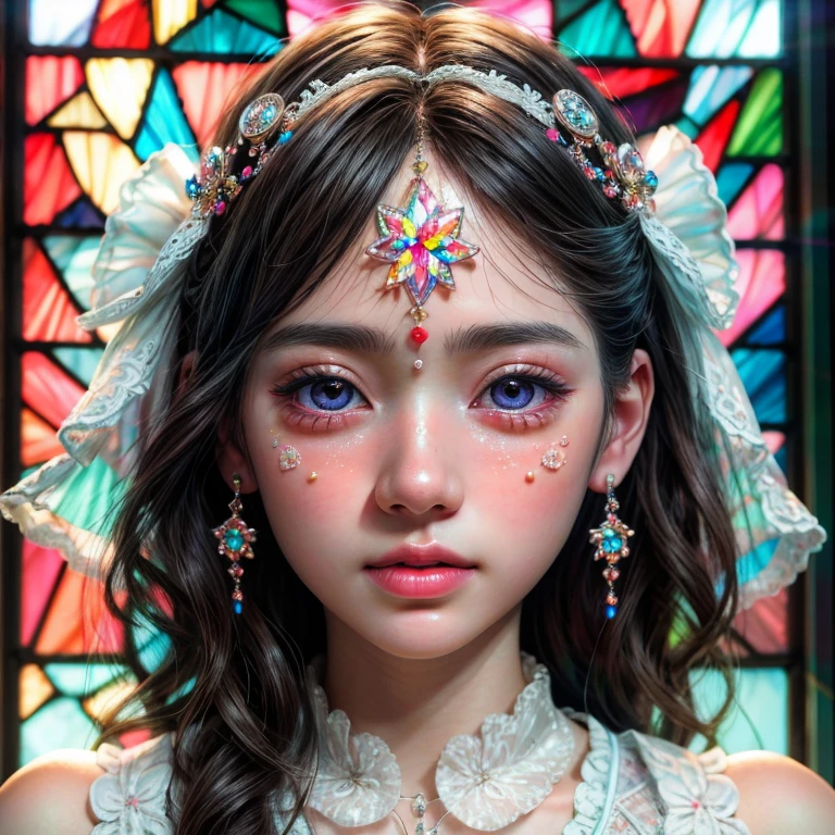 SFW, concept art, Tiny junior idol, Delicate lace knitted white clothes, (nipple:-0.9), face closeup, (Dazzling stained glass Background), (((Renbutsu Misako), colorful Light shines through delicate stained glass:1.2, vivid red colors, lense Particle, lens flare, light Particle, Dazzling Halo, Acutance:0.8)). (masterpiece:1.2),(ultra-detailed:1.37),(realistic,photorealistic,photo-realistic:1.37), (Extremely detailed KAWAII face variations, innocent expression variations), rosy cheeks, intricate detailed eyes with sparkling highlights, long eyelashes with volume, subtle blush on the face. Mystic sight, haze, impeccable skin texture, captivating gaze, ((Dynamic-angle, physically-based rendering)), whole Body proportions and all limbs are anatomically accurate .