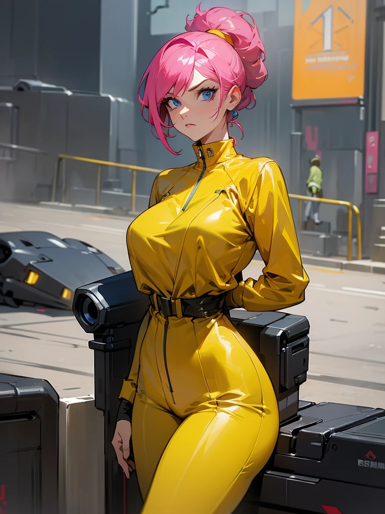 Mature woman with serious look, Facial Focus, big pink hair, shining blue eyes, wearing a mustard yellow jumpsuit, breasts big, looking 35 years old, eye on the spectator, look to the camera, , the background is a cyberpunk battlefield, Free hands, thick-thighs, ((look ahead)), Masterpiece artwork, Cyberpunk war scenario, shooting machines, bio
