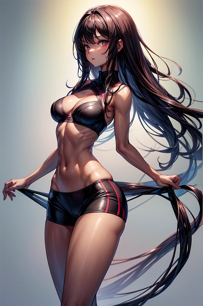 ((highest quality)),(ultra high resolution),(Super detailed), (best work of art), (1 young girl:1.5), beautiful and well-shaped face:1.5,(Beautiful skin with precise and detailed depiction:1.6),(sports bra and waist band nylon shorts ),gorgeous, masterpiece, best quality, high-resolution, finely detailed, extremely detailed and beautiful, distinct-image, hourglass figure,, 1 girl, 18 year old teenager, solo, sharp facial features, oval shaped face. cherry red lips,. velvet-colored eyes, C-cup breasts, tall height(175cm), slim curves, toned body type, flowing waist length ink-black dark violet hair, small narrow waist, long and slender legs, curvy wide hips, modern athletic setting, lightly tanned white skin