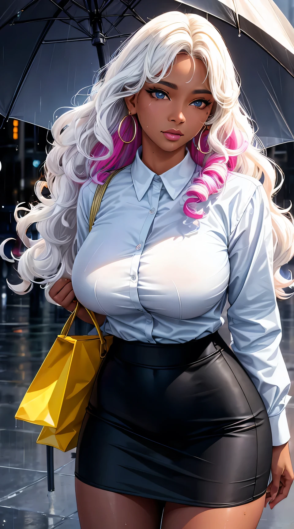 (best quality:1.5, highres, UHD, 4K, detailed lighting, shaders), white curly haired, gradient hair, large breasts, perfect eyes,perfect fingers, realistic ringers, suit, gray shirt, social shirt, short skirt, mature woman , (pov), white background, colorful eyeshadow, dramatic lighting, sparkling eyes, sensual expression, golden earrings, delicate facial features, dark skin, high cheekbones, raining, urban setting, white background, dont look for the camera, lean forward, wet  by the rain.