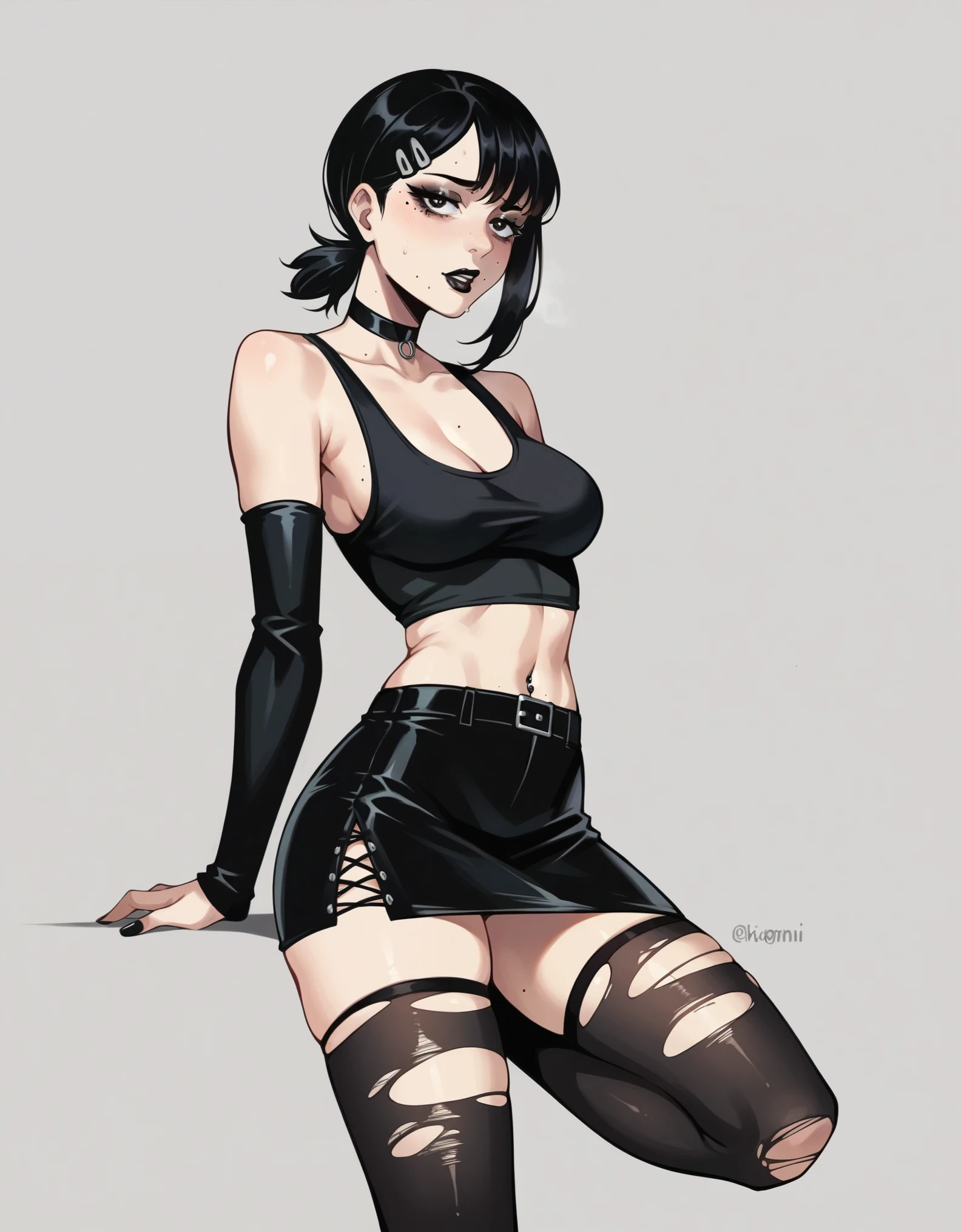 score_9,score_8_up,score_7_up, source_anime, kobeni higashiyama, goth aesthetic, black lipstick, black eyeliner, wearing black choker, black tank top, black skirt with belts, ripped fishnet thigh high leggings, black arm warmers, seductive expression, simple background