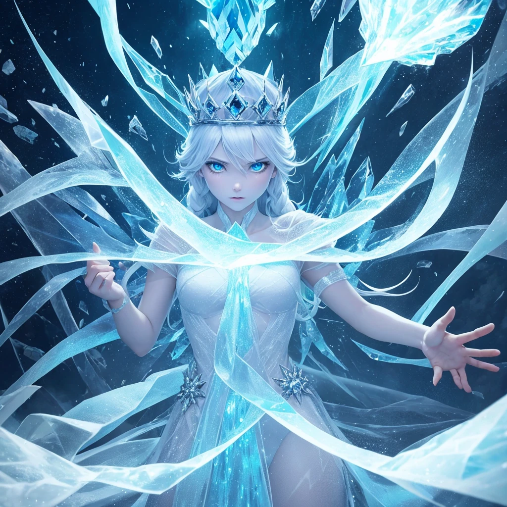 imposing freezing spirit, crown of ice, floating ice crystals cover, body made of solid ice, aura of intense cold, creating ice storms and projecting ice squalls. Frozen ruins scenery