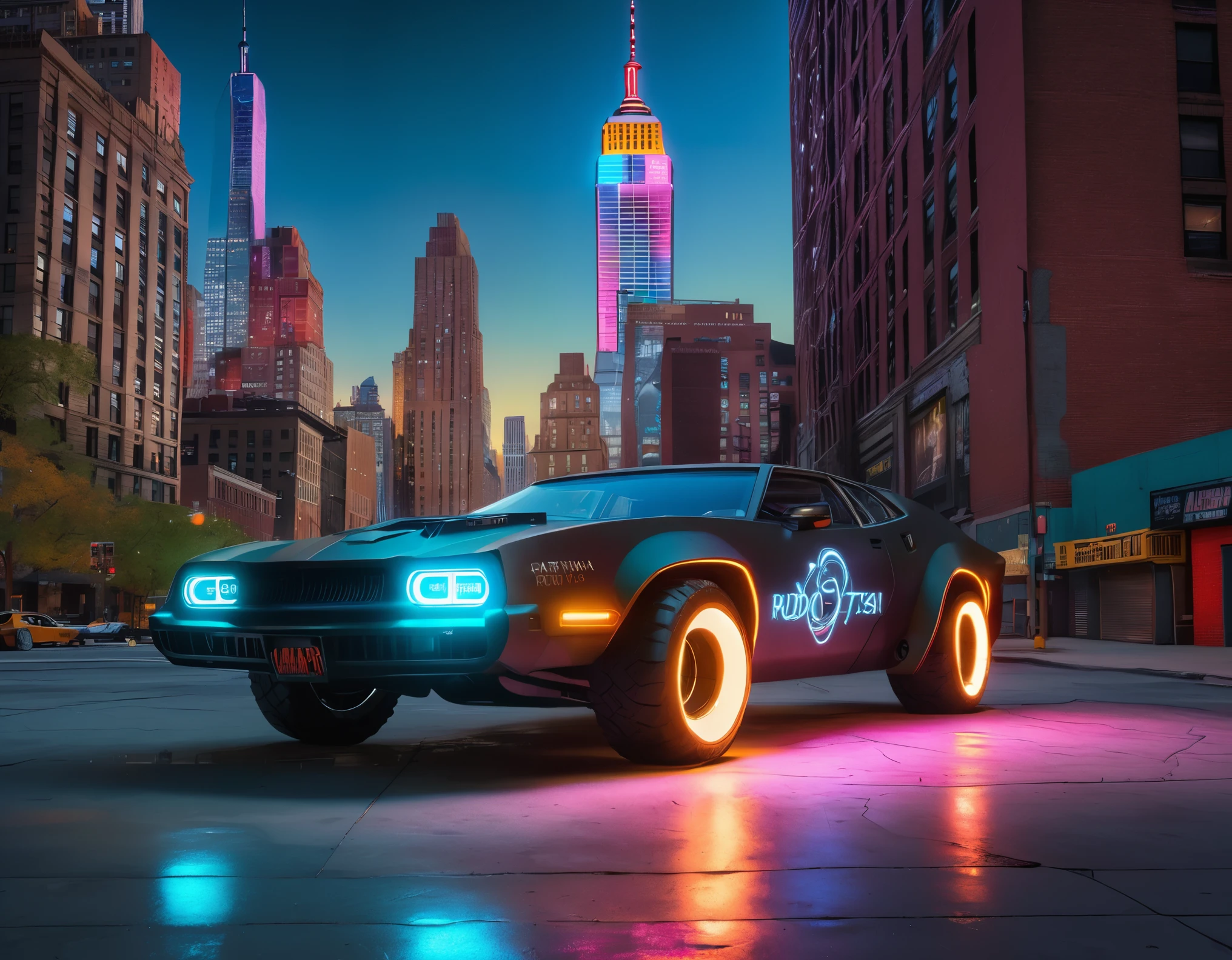 and 3/4 front view of ((Cyberpunk futurista rudo)) (with glowing tires) Selfconcept, in the parking lot, pop-up headlights, Science fiction, sci-fi scenario, (evening), natural light, MANHATTAN CITY, NY, urban, Underground, neon signs, (Very detailed), several buildings in the background, Detailed textures, wide angle, 8k, HdR, Professional photo session, High quality photo, realistic photo, realistic shadows, detailed shadows, Realistic proportions, Realistic reflections in the ground.