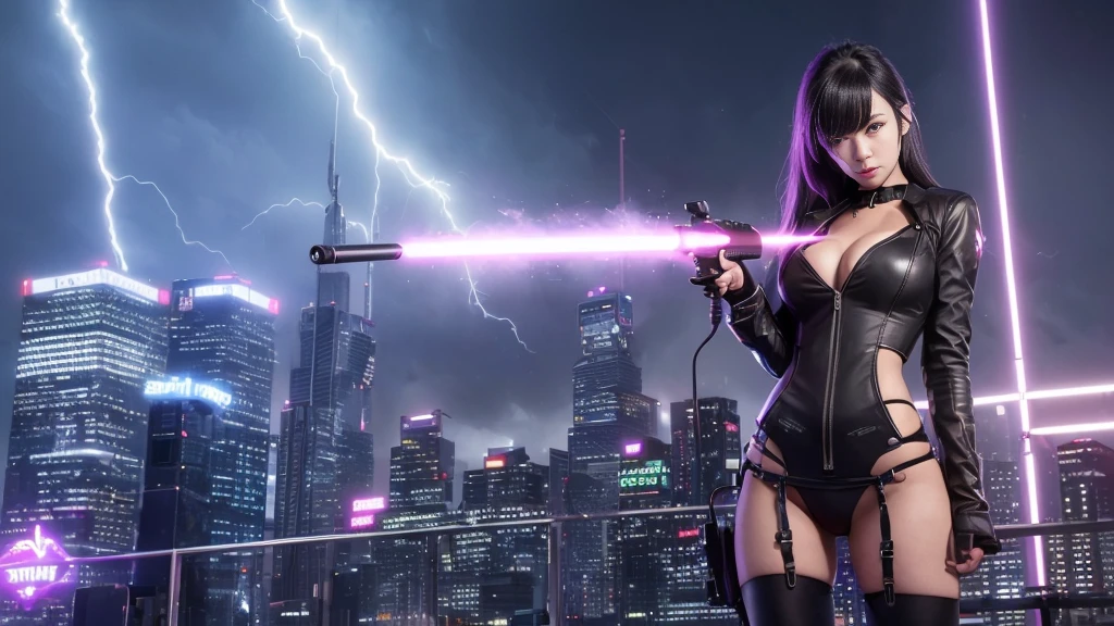 realistic, dark mysterious atmosphere, futuristic cyberpunk, vibrant colors, electrifying sparks, glowing neon signs, rain-soaked streets, towering skyscrapers, futuristic technology, lightning bolts, high-voltage energy, intense expression, stormy clouds. at night. 1girl, solo, alone, large-breast:1.2 slim body, cleavage:1.1, sexy miniskirt, (headphone, black sunglasses), (((((she raised:1.8 a pistol:1.8 and took aim at viewer))))), dynamic pose, (((half-body thigh level medium shot))), cinematic lighting, lens flare, ray tracing.
