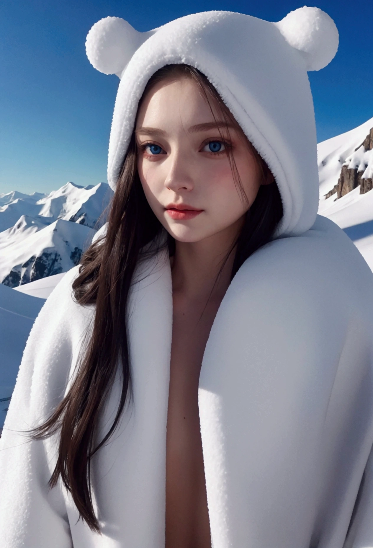 Russian  ,  with long hair, evil face, naked on a snow covered mountain.