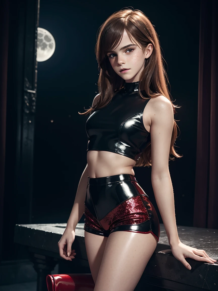 Highly detailed. a sexy beautiful Emma Watson. long hair. freckles, gentle smile. red tight intricate sparkly latex shorts, crop top. posing like model. dark ambient. background moon. full shot. high heels.