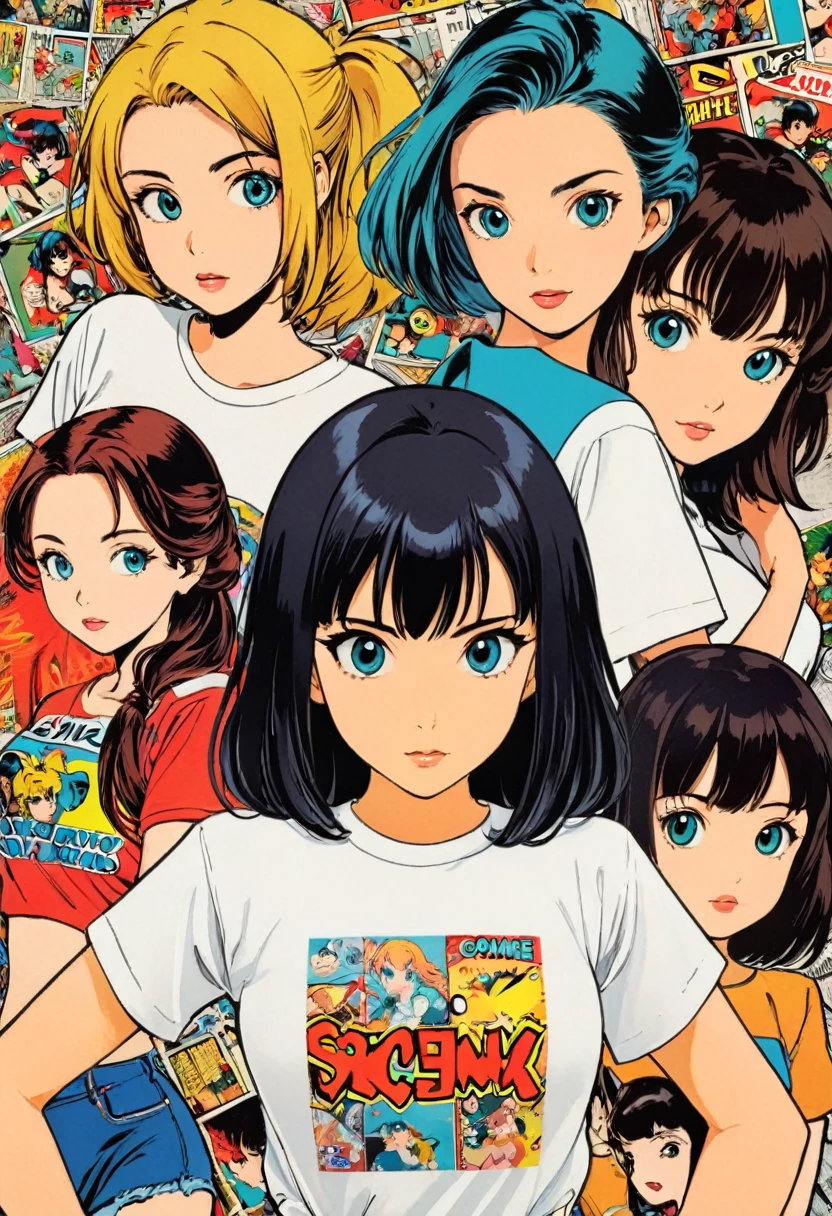 Young Girls，t-shirt，White，Art，Retro Style，Comic Collage, No smiles, Anime style