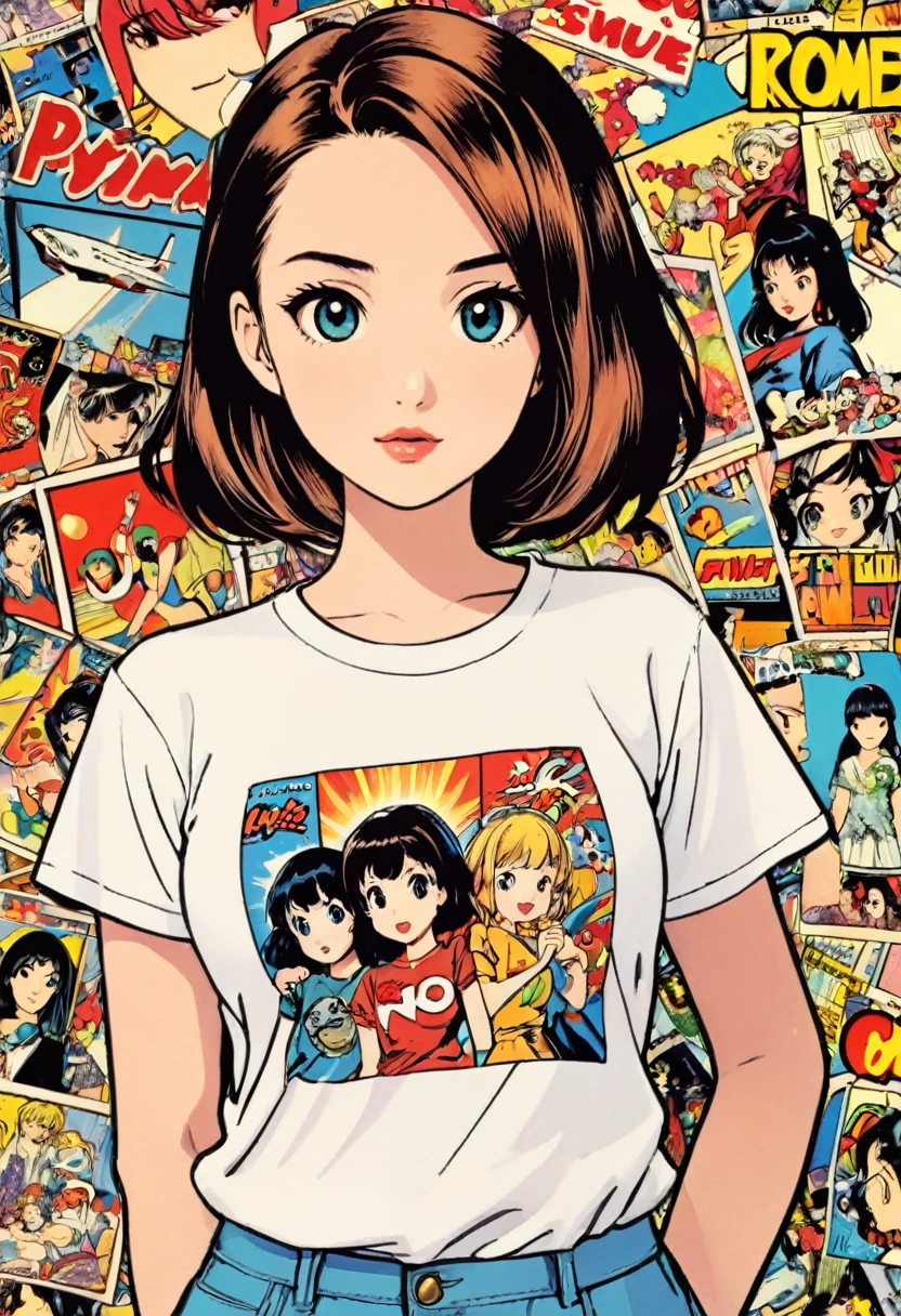 Young Girls,t-shirt,White,Art,Retro Style,Comic Collage, No smiles, Anime style