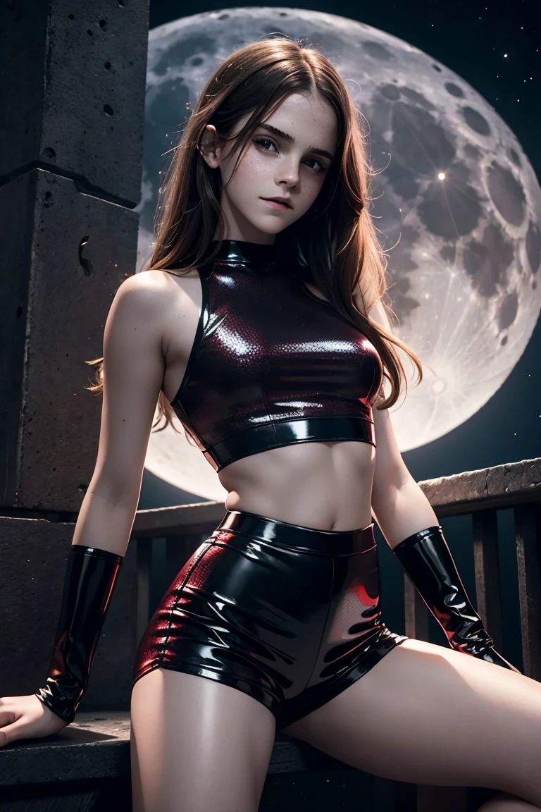 Highly detailed. a sexy beautiful  Emma Watson. long hair. freckles, gentle smile. red tight intricate sparkly latex shorts, crop top. posing like model. dark ambient. background moon. full shot. high heels.

