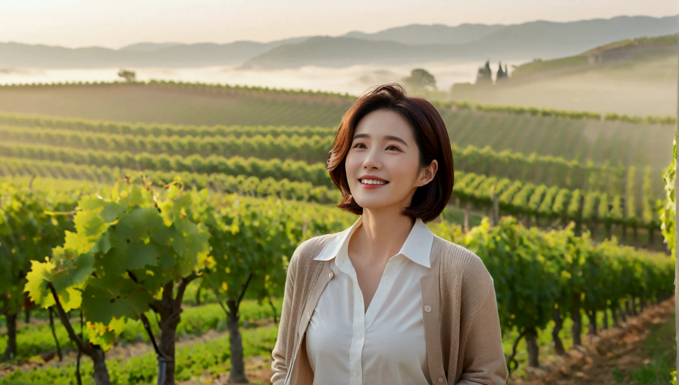 best quality, In 8K, 32K, Photo of a beautiful 36-year-old Korean woman, short medium hair, Inspired by Son Ye-jin, whole body, face focus, Shirt that goes up to the neck and a short cardigan from a luxury brand, beige casual pants, Italian countryside vineyard background, Ranged、make a happy face, 새벽 진한 한개속 The cathedral is visible in the distance, There is thick fog, path, looking up the side, Wear a shirt that covers your chest, The cathedral is visible in the distance, Photo of endless vineyard scenery, look up the side. thick dawn fog, Well-groomed hair, Photo of an elegant and modest woman, Endless vineyards, Vivid picture quality, Clear picture quality, The cathedral is visible in the distance. 언덕 위 path, 1 woman, colonnade가 있는 휘어진 path 언덕에 서있다. colonnade, The picture quality is clear