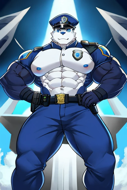 polar bone, police, muscular, blue eyes