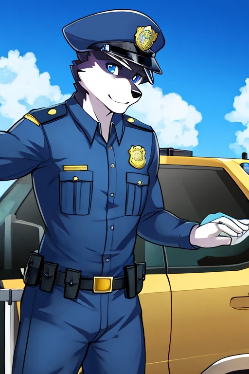 Siberian Husky dog, police, blue eyes , en una estación de police