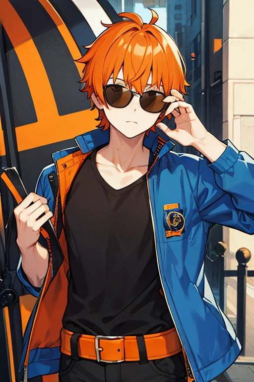 man, short orange hair, Sunglasses, black shirt, blue jacket, Film-maker