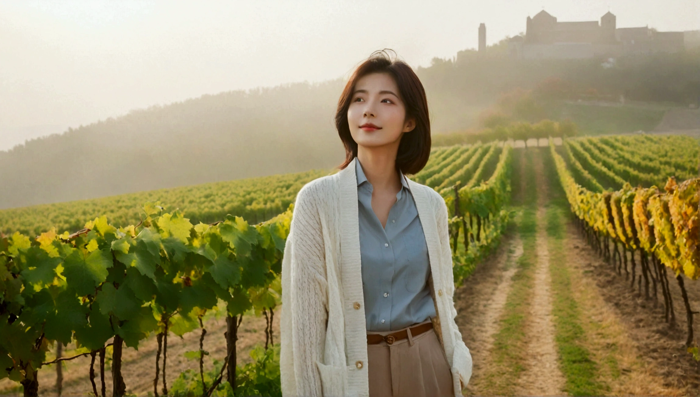 best quality, In 8K, 32K, Photo of a beautiful 36-year-old Korean woman, short medium hair, Inspired by Son Ye-jin, whole body, face focus, Shirt that goes up to the neck and a short cardigan from a luxury brand, beige casual pants, Italian countryside vineyard background, Ranged、make a happy face, 새벽 진한 한개속 The cathedral is visible in the distance, There is thick fog, path, looking up the side, Wear a shirt that covers your chest, The cathedral is visible in the distance, Photo of endless vineyard scenery, look up the side. thick dawn fog, Well-groomed hair, Photo of an elegant and modest woman, Endless vineyards, Vivid picture quality, Clear picture quality, The cathedral is visible in the distance. 언덕 위 path, 1 woman, colonnade가 있는 휘어진 path 언덕에서 바라본다. colonnade