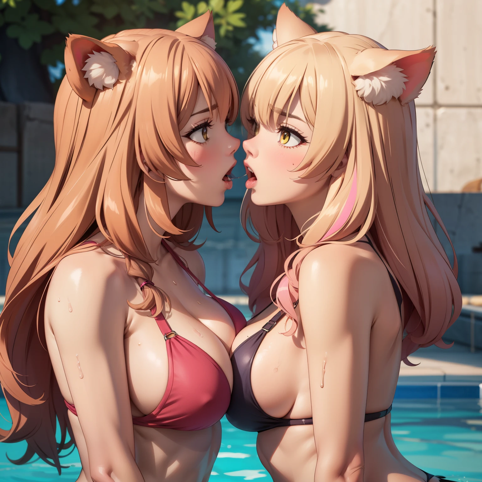 Raphtalia. cabello naranja, ojos rojos orejas de oso, pechos grandes, and Suzuka Gozen , cat  ears, yellow eyes, blonde hair with pink tips, big breasts, dos mujeres,   expression of fury open mouth, frown, pink bikini, big breasts, kissing, kiss con lengua, kiss. fondo una piscina. sweaty bodies, kiss saliva. cuerpos mojados, rubor. orejas de oso, orejas de oso.